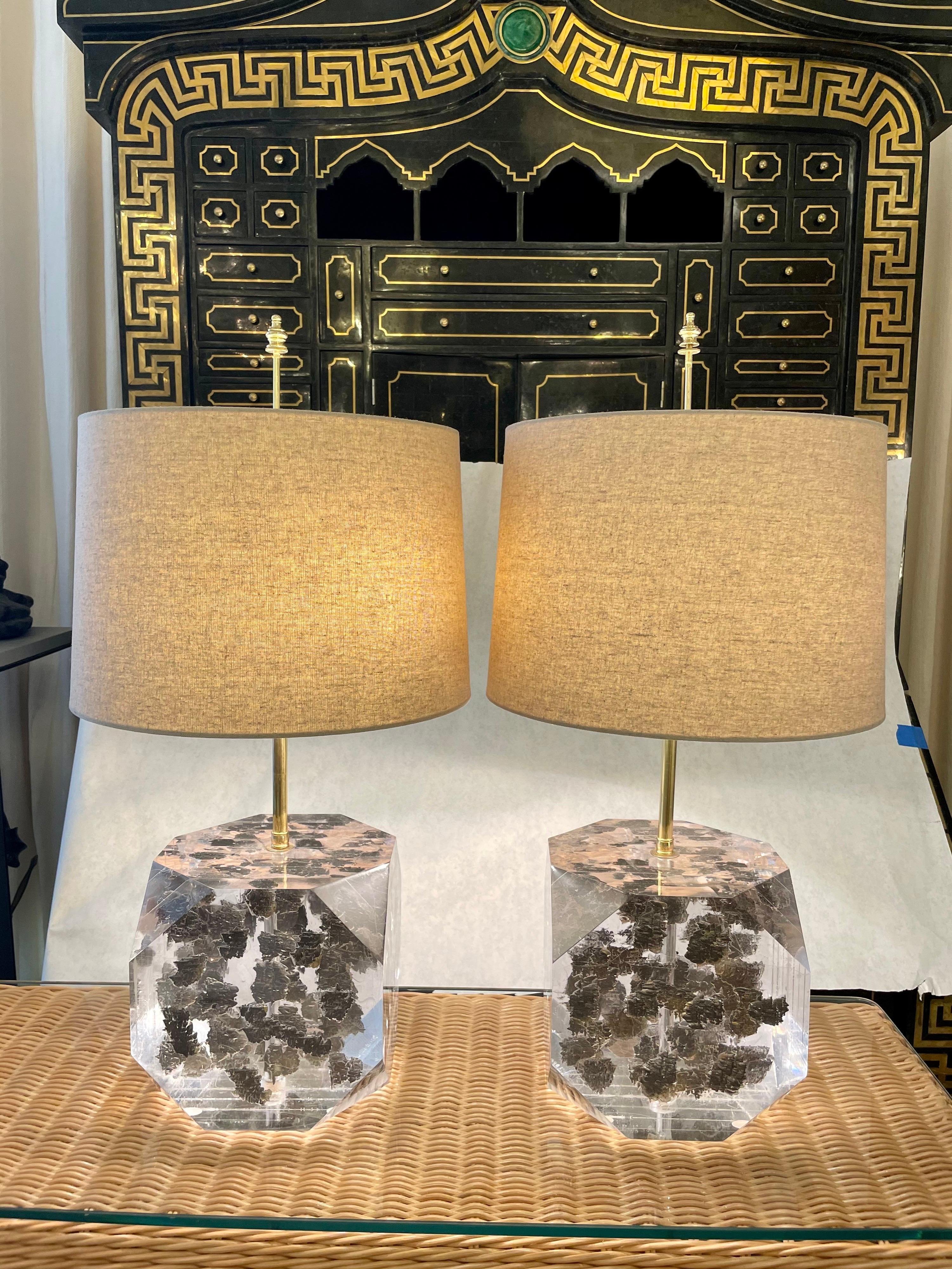 Lucite Layered Hexagonal Block Lamps, Pair by Freda Koblick For Sale 1