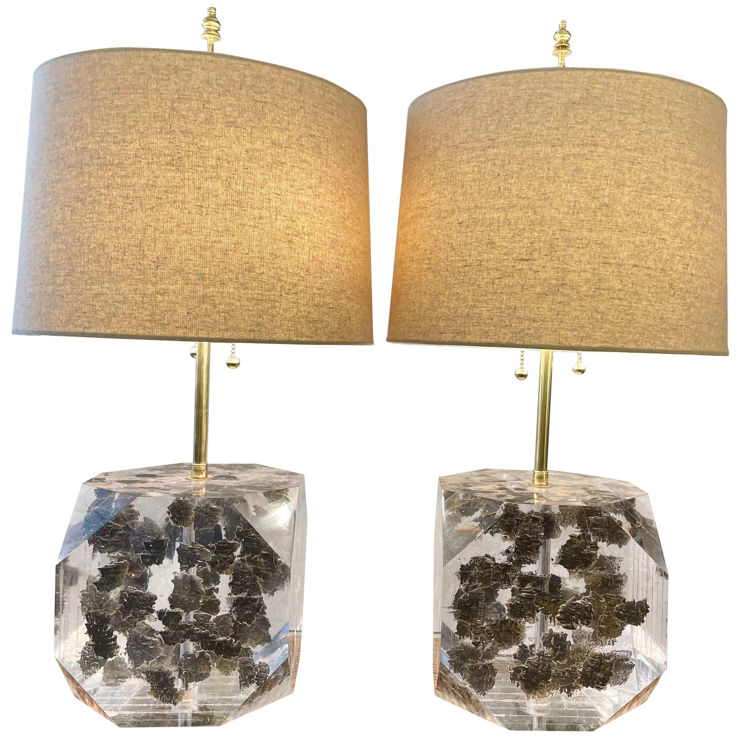 Lucite Layered Hexagonal Block Lamps, Pair by Freda Koblick For Sale