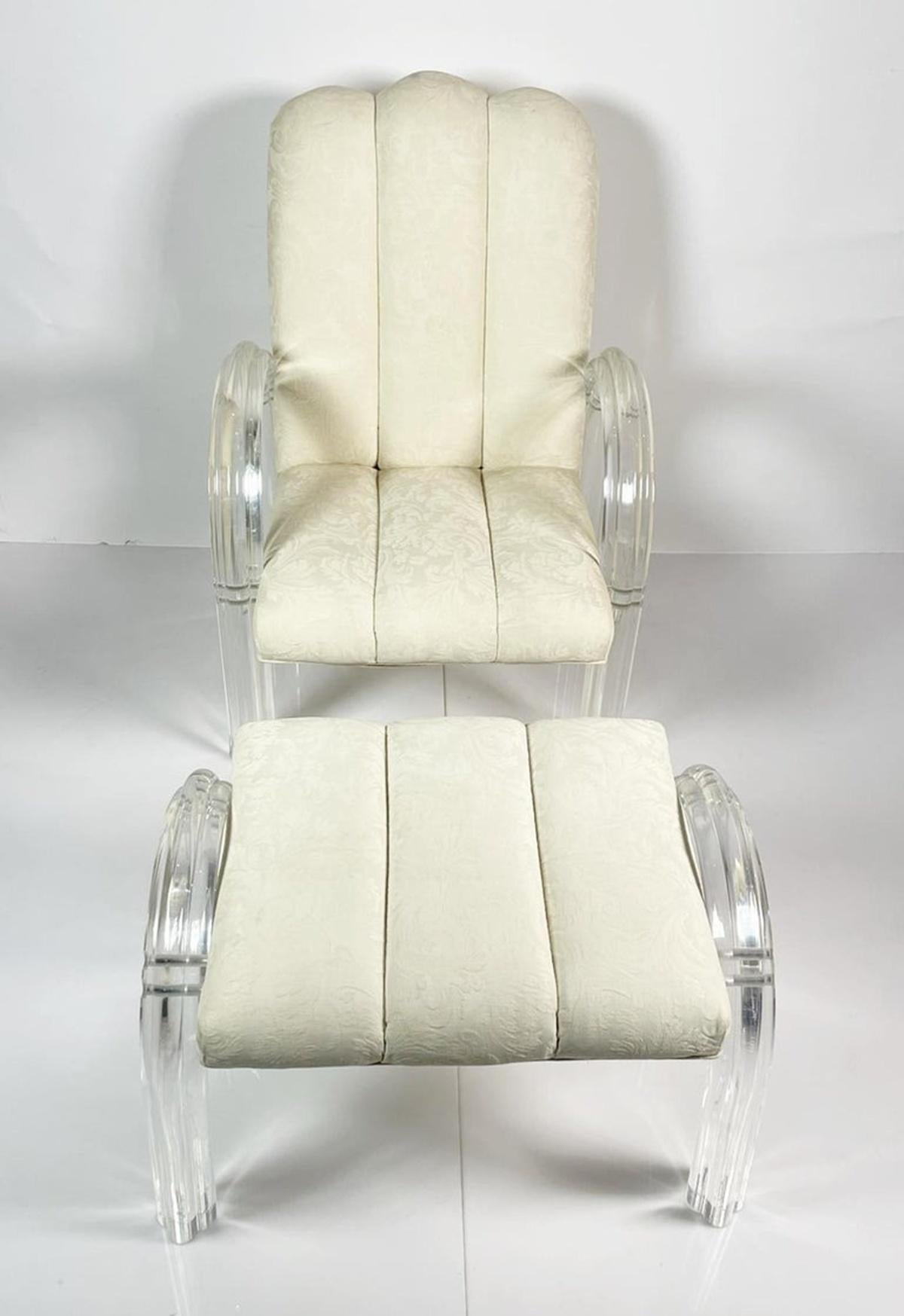 
Signed Lucite lounge chair and ottoman by acclaimed American designer Charles Hollis Jones, from his iconic Waterfall Collection. Known for his pioneering use of Lucite and glamorous Hollywood Regency style, Jones delivers a bold yet elegant