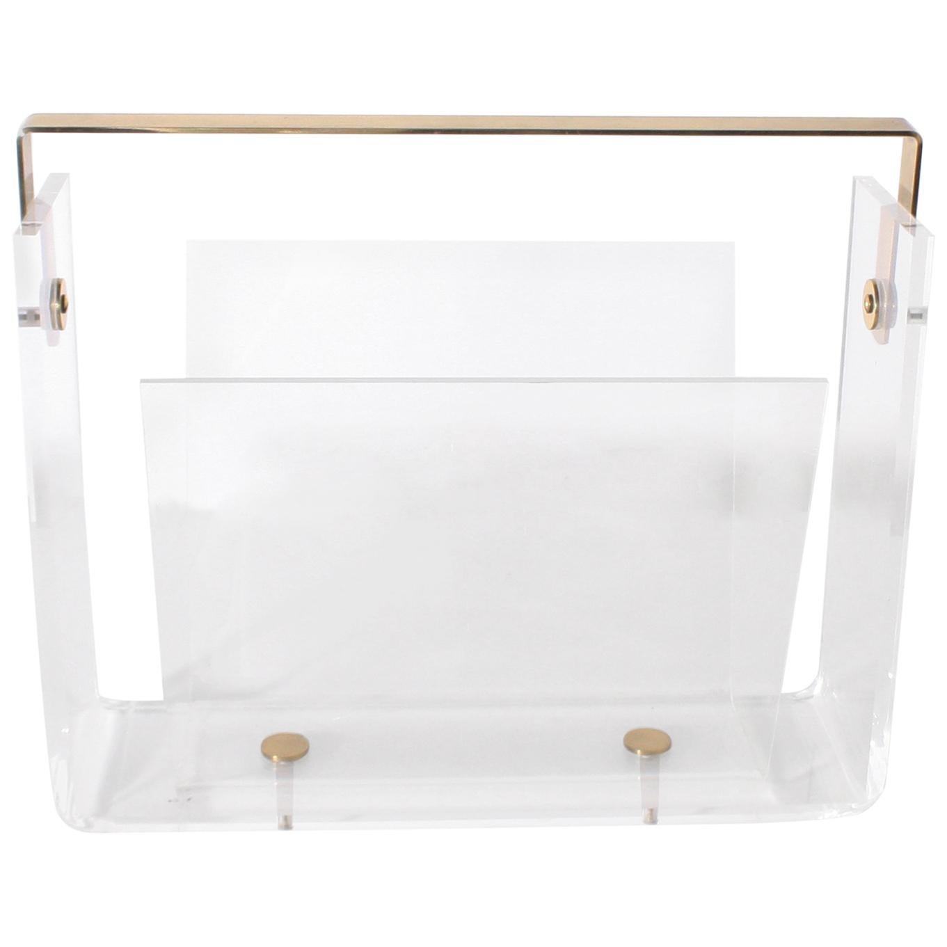 Lucite Magazine Rack with Brass Handle and Detail, circa 1960