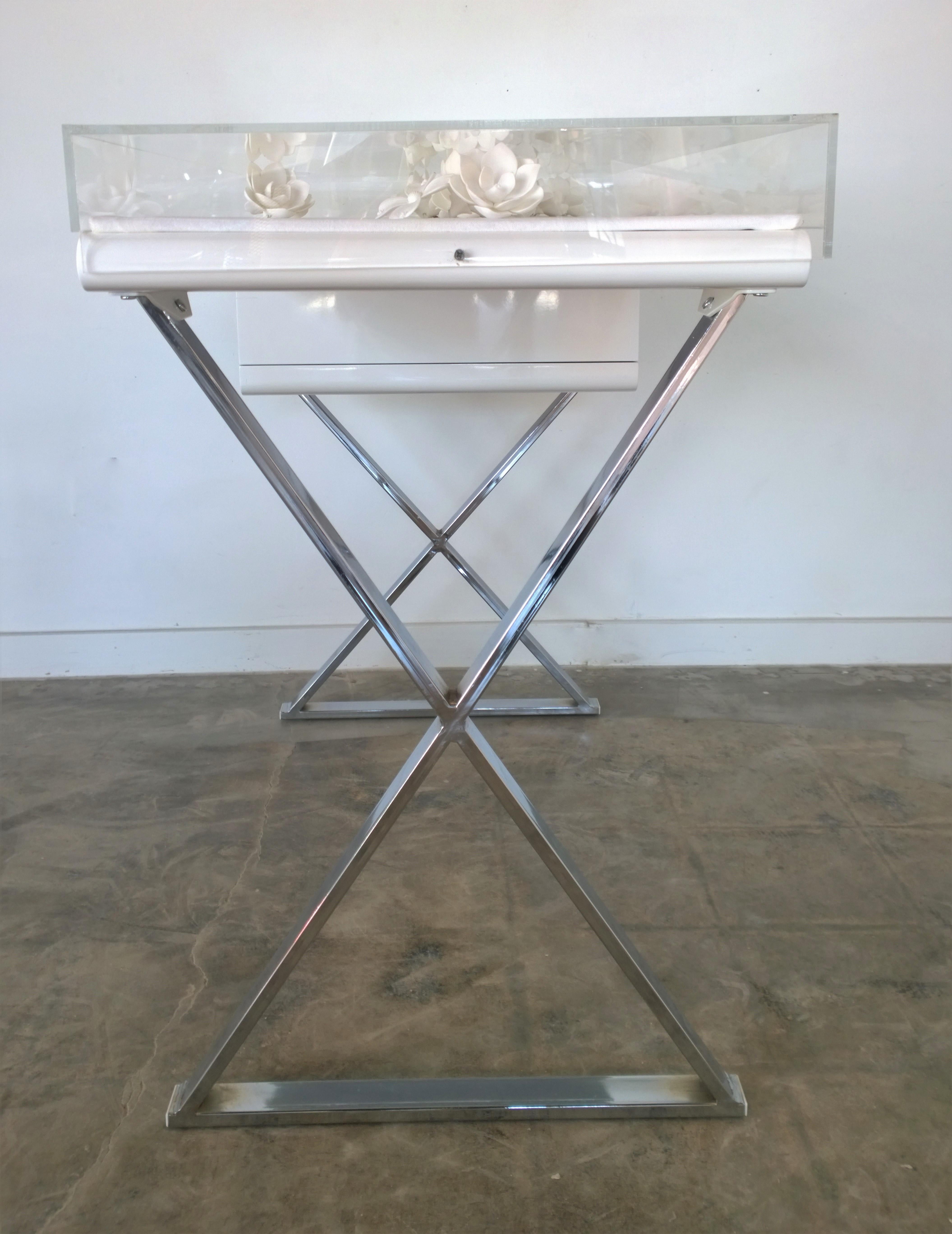 Lacquered Lucite Object D'art White Lacquer & Metal X Base Desk by AMK for Patricia Kagan