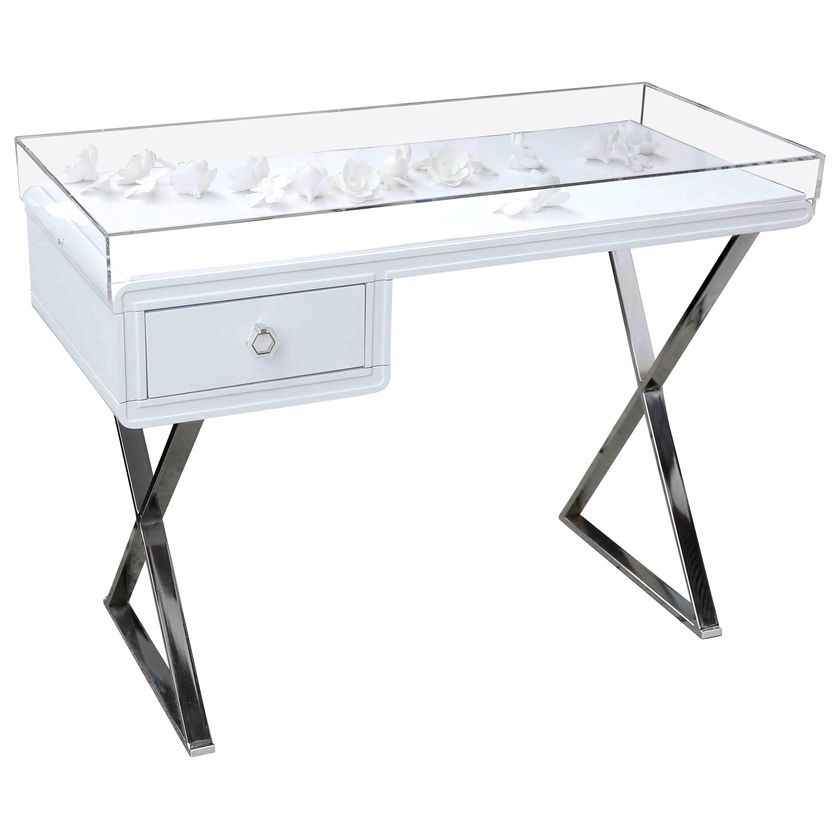 Lucite Object D'art White Lacquer & Metal X Base Desk by AMK for Patricia Kagan