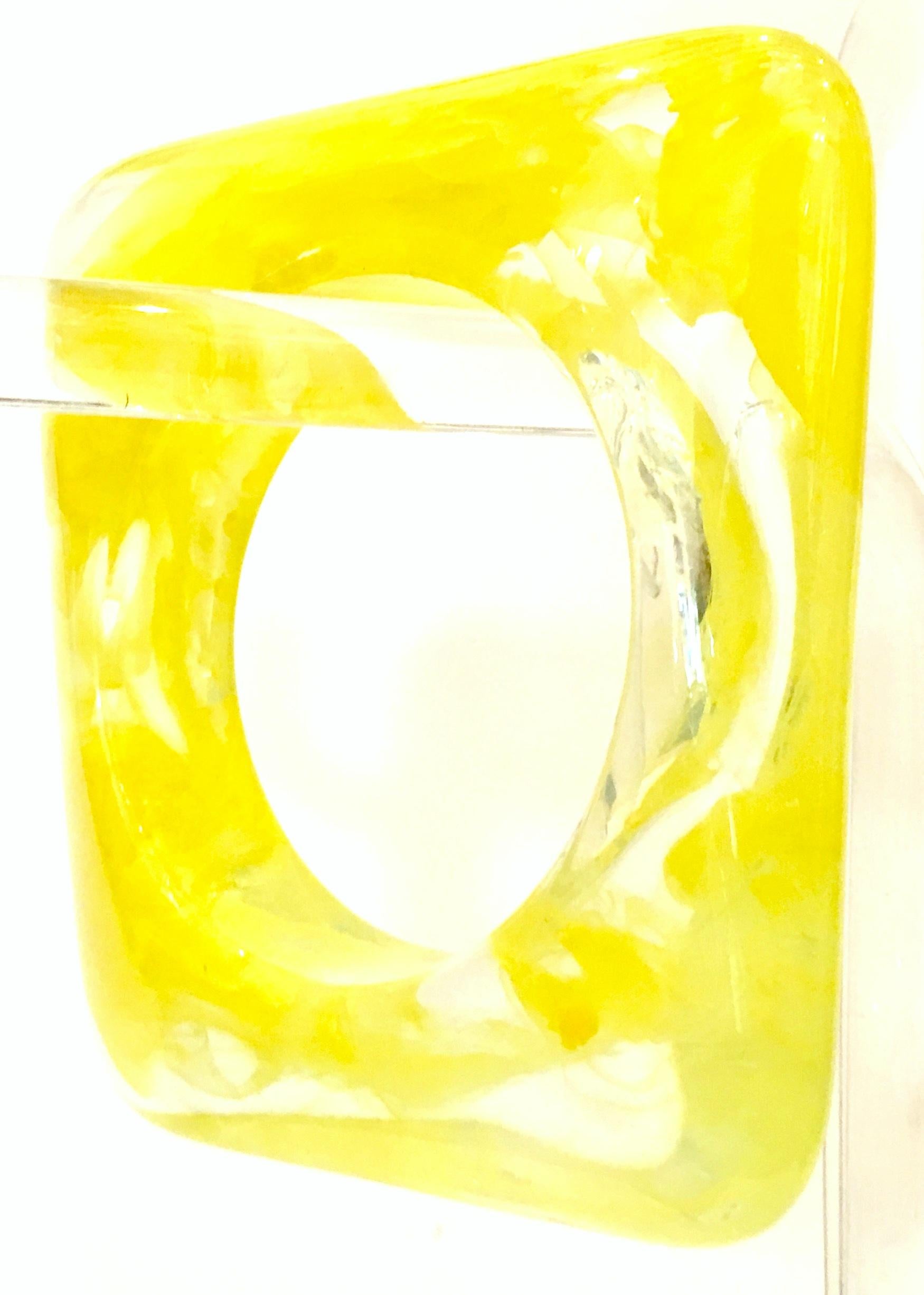 Vintage Neon Yellow Marbleized Organic Form Lucite Circle In A Square Bangle Bracelet. Interior 
measures, 3