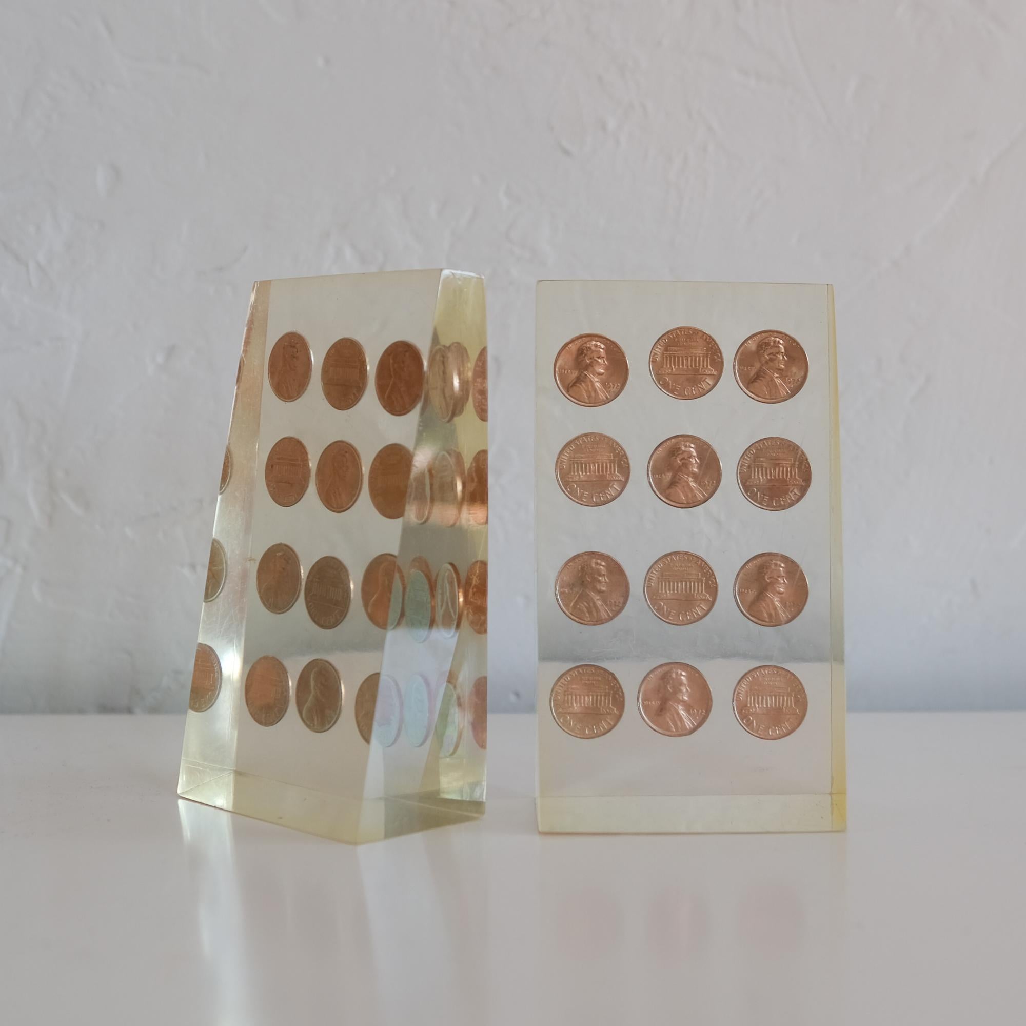 Late 20th Century Lucite Penny Bookends, 1970s