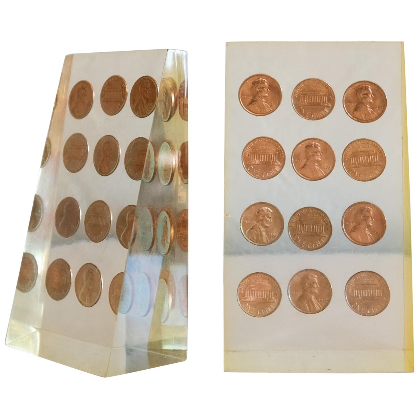 Lucite Penny Bookends, 1970s