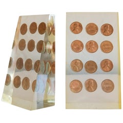 Lucite Penny Bookends, 1970s