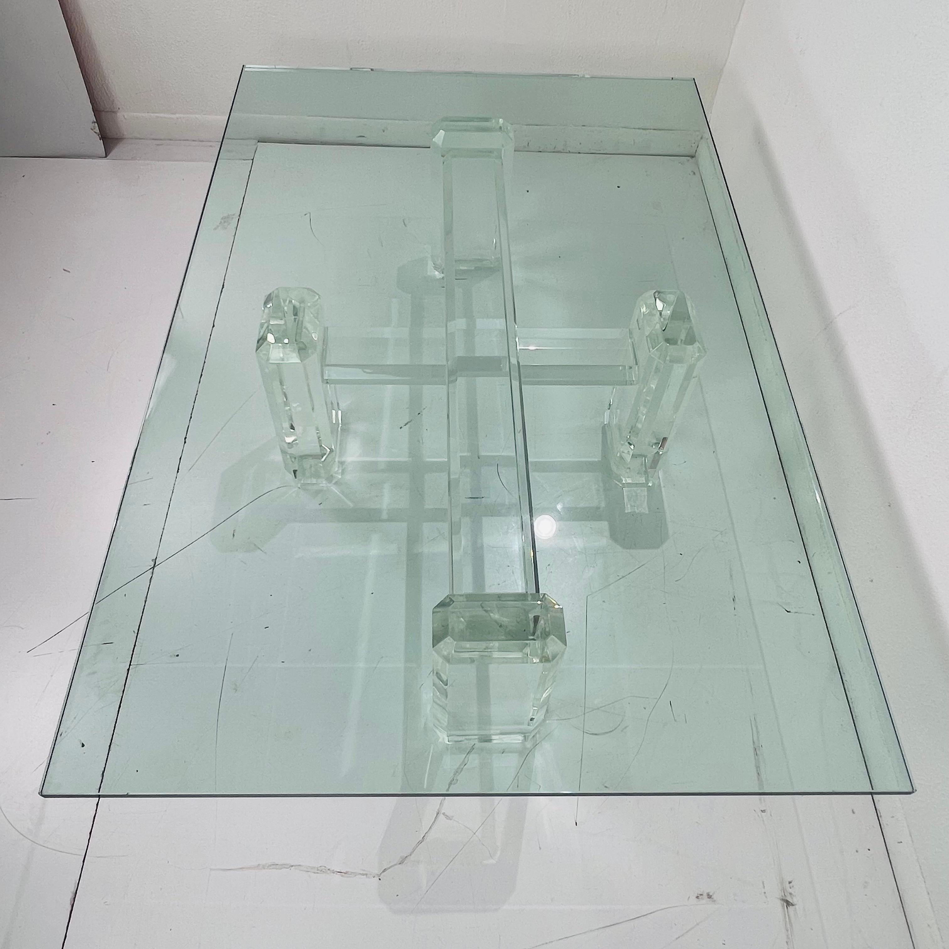 Lucite Pillar Cross Base Coffee Table in the Style of Karl Springer For Sale 1