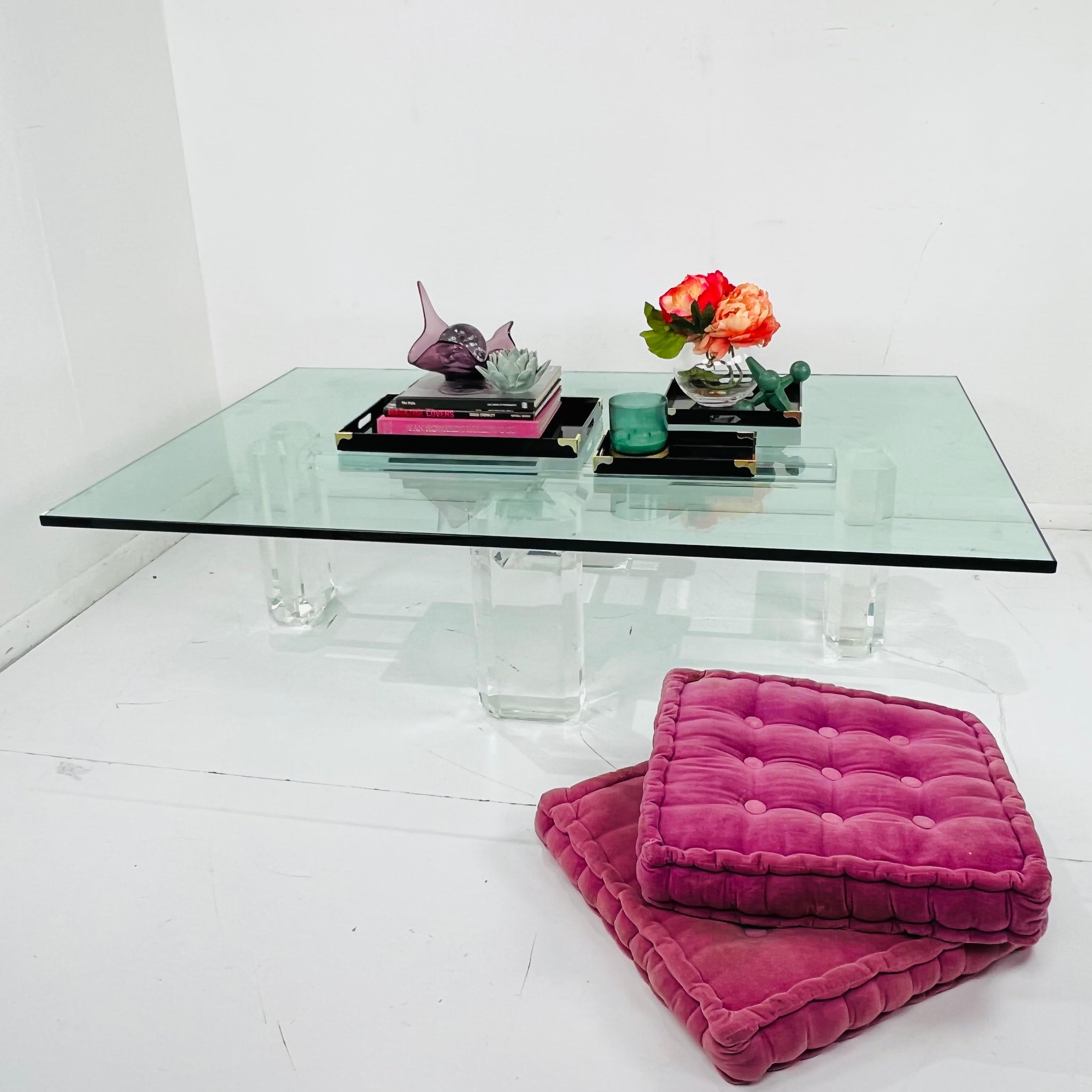 Lucite Pillar Cross Base Coffee Table in the Style of Karl Springer For Sale 3
