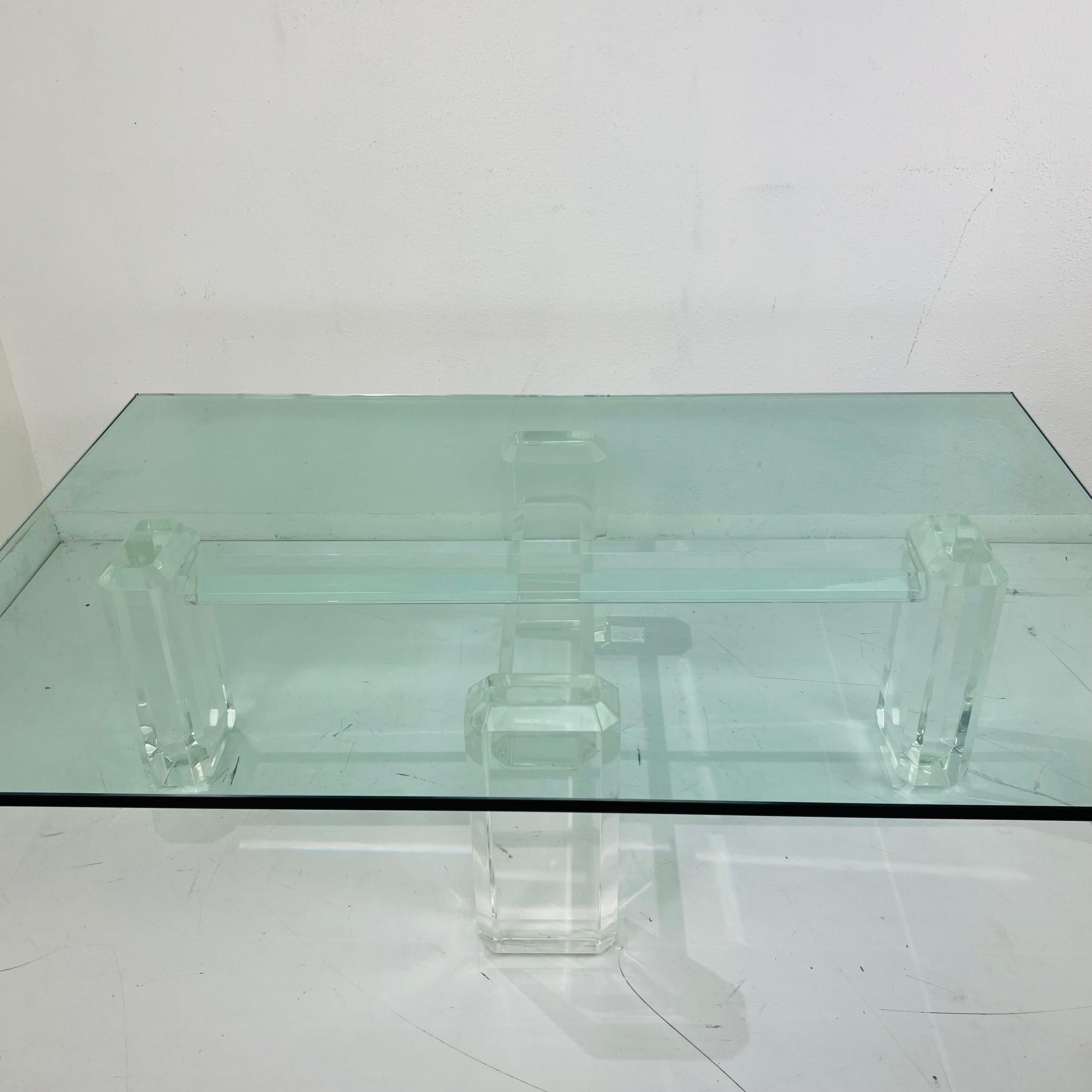 Late 20th Century Lucite Pillar Cross Base Coffee Table in the Style of Karl Springer For Sale