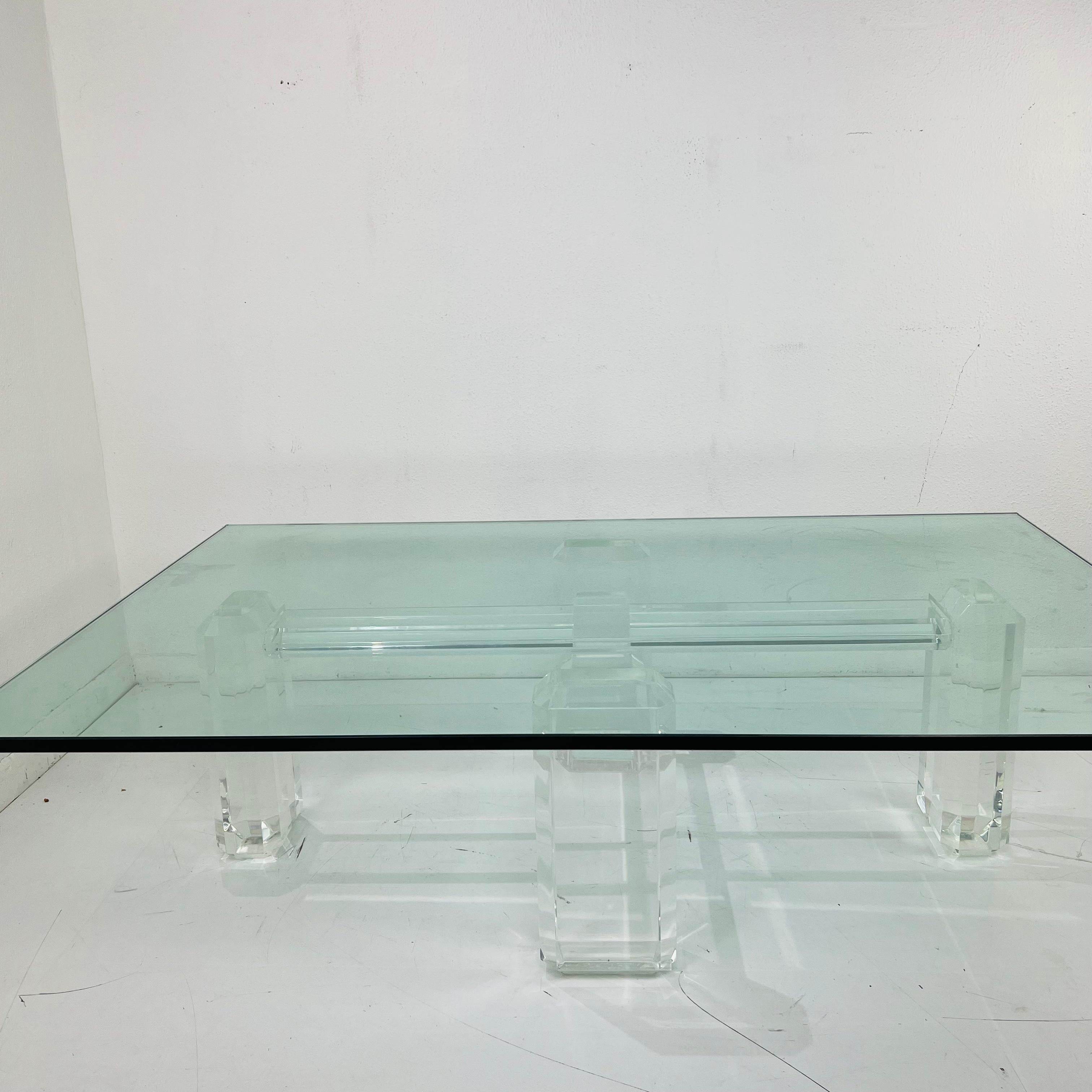 Glass Lucite Pillar Cross Base Coffee Table in the Style of Karl Springer For Sale