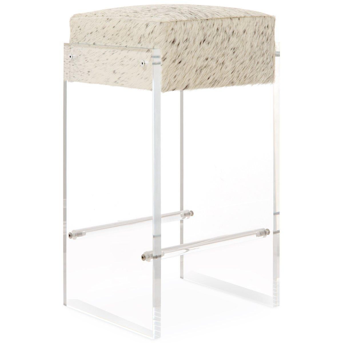 Simple, yet elegant square barstools with Lucite plinth legs, chrome metal toe kick and genuine hair-on-cowhide upholstery are perfect for any chic kitchen or bar area.