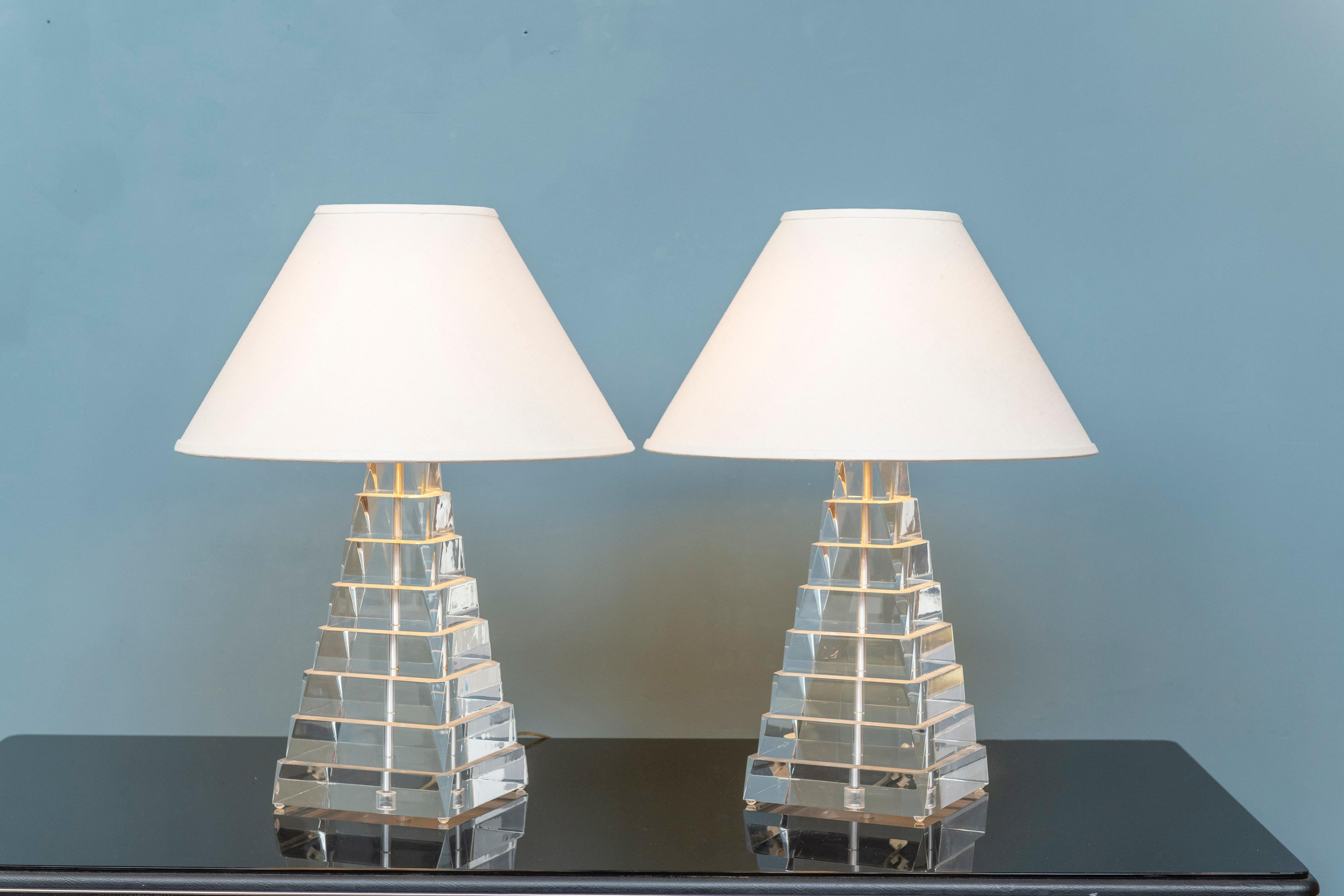 Hollywood Regency Lucite Pyramid Form Table Lamps by George Bullio