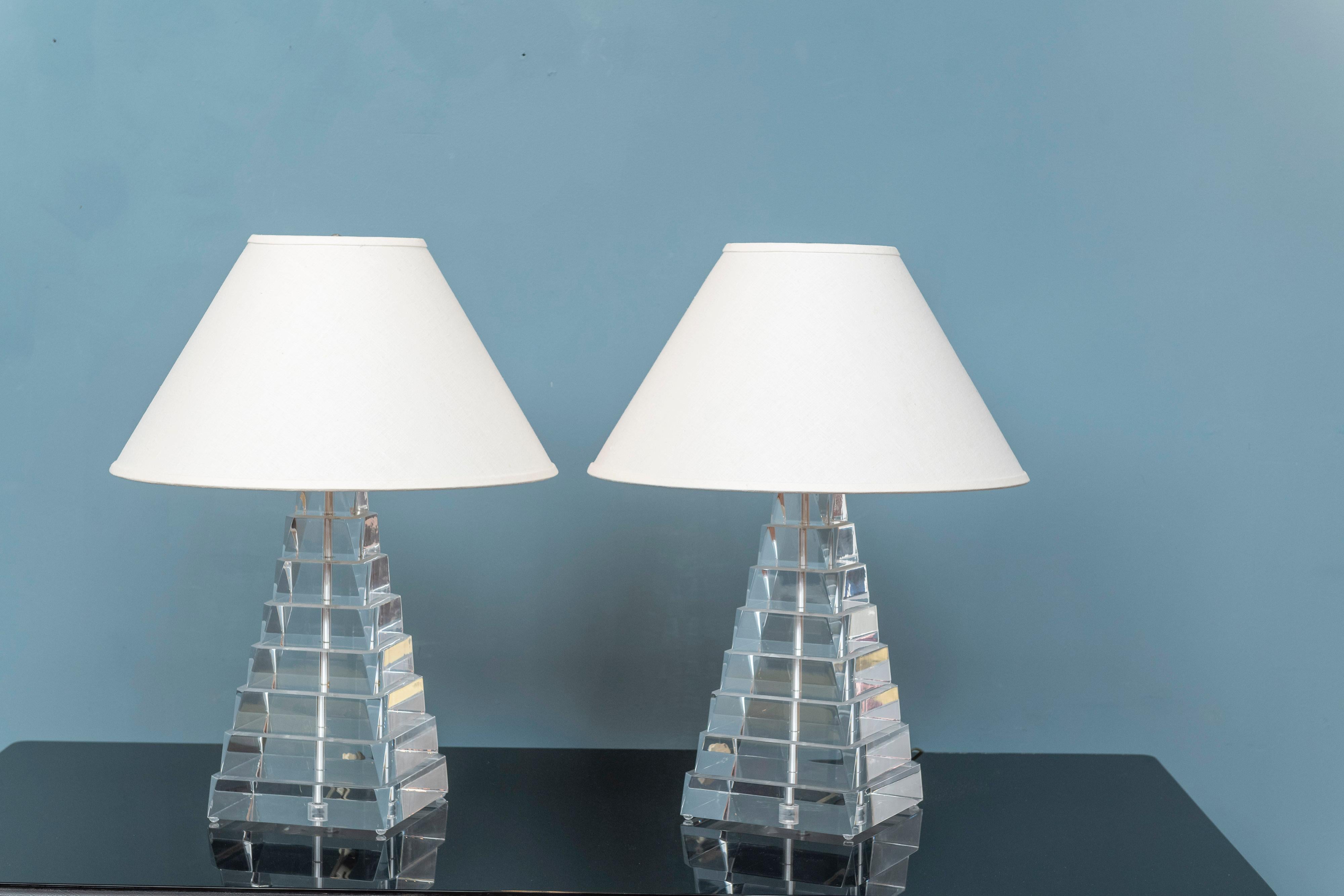 American Lucite Pyramid Form Table Lamps by George Bullio