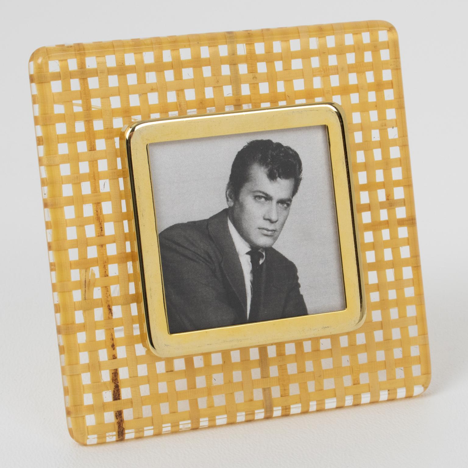Metal Lucite, Rattan and Aluminum Picture Frame, Italy 1970s