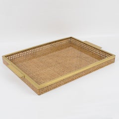 Lucite, Rattan and Brass Barware Serving Tray, made in Italy 1970s