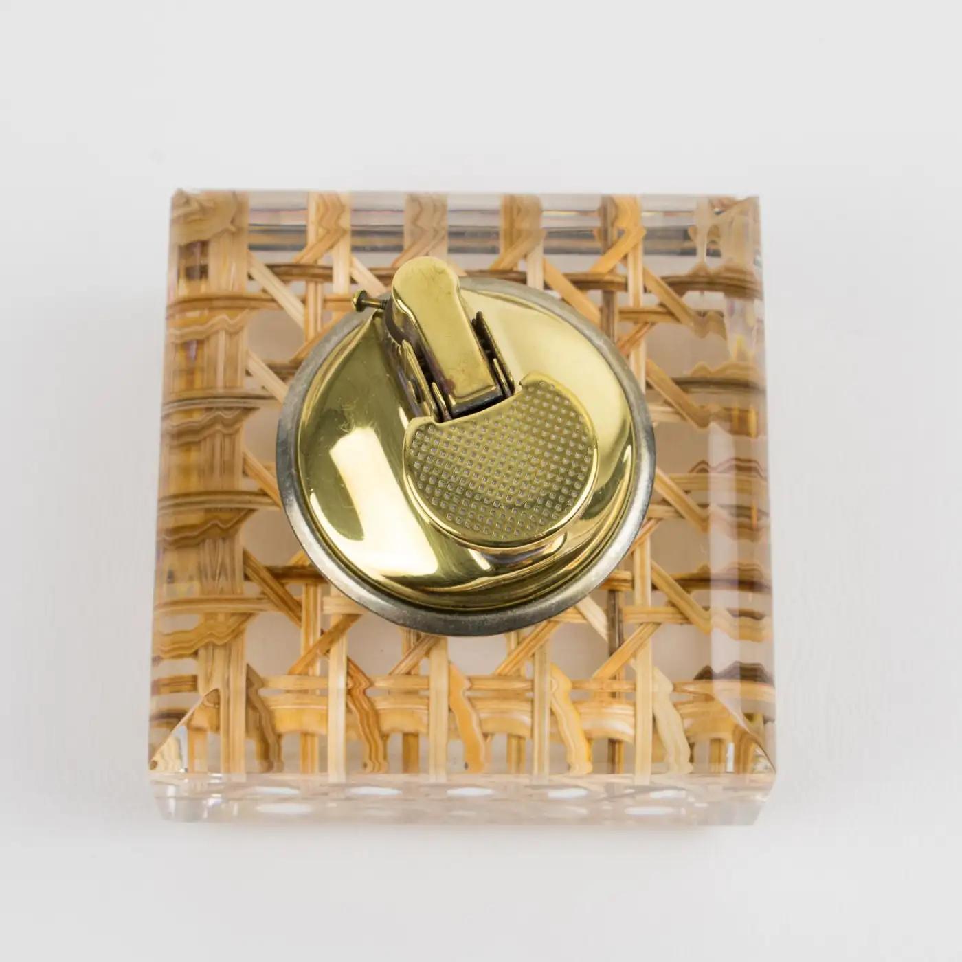 Late 20th Century Lucite, Rattan and Brass Smoking Set Lighter and Box, 1970s For Sale