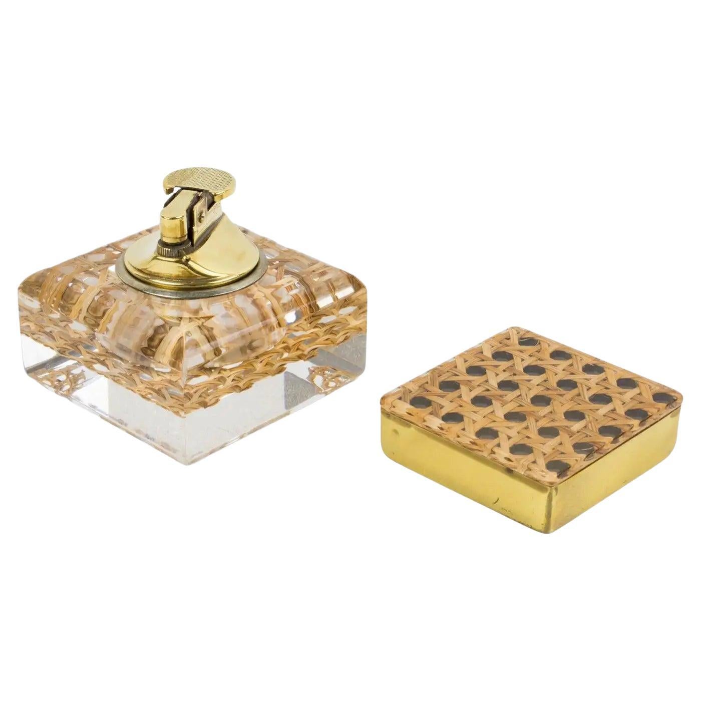 Lucite, Rattan and Brass Smoking Set Lighter and Box, 1970s For Sale