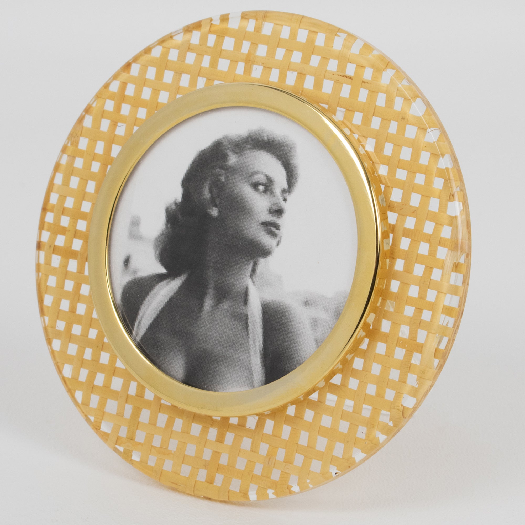 Cornice in lucite, rattan e metallo dorato, Italia, anni '70