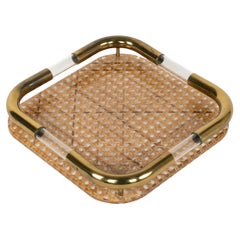 Lucite, Rattan & Brass Serving Tray or Centerpiece Dior Home Style, Italy 1970s