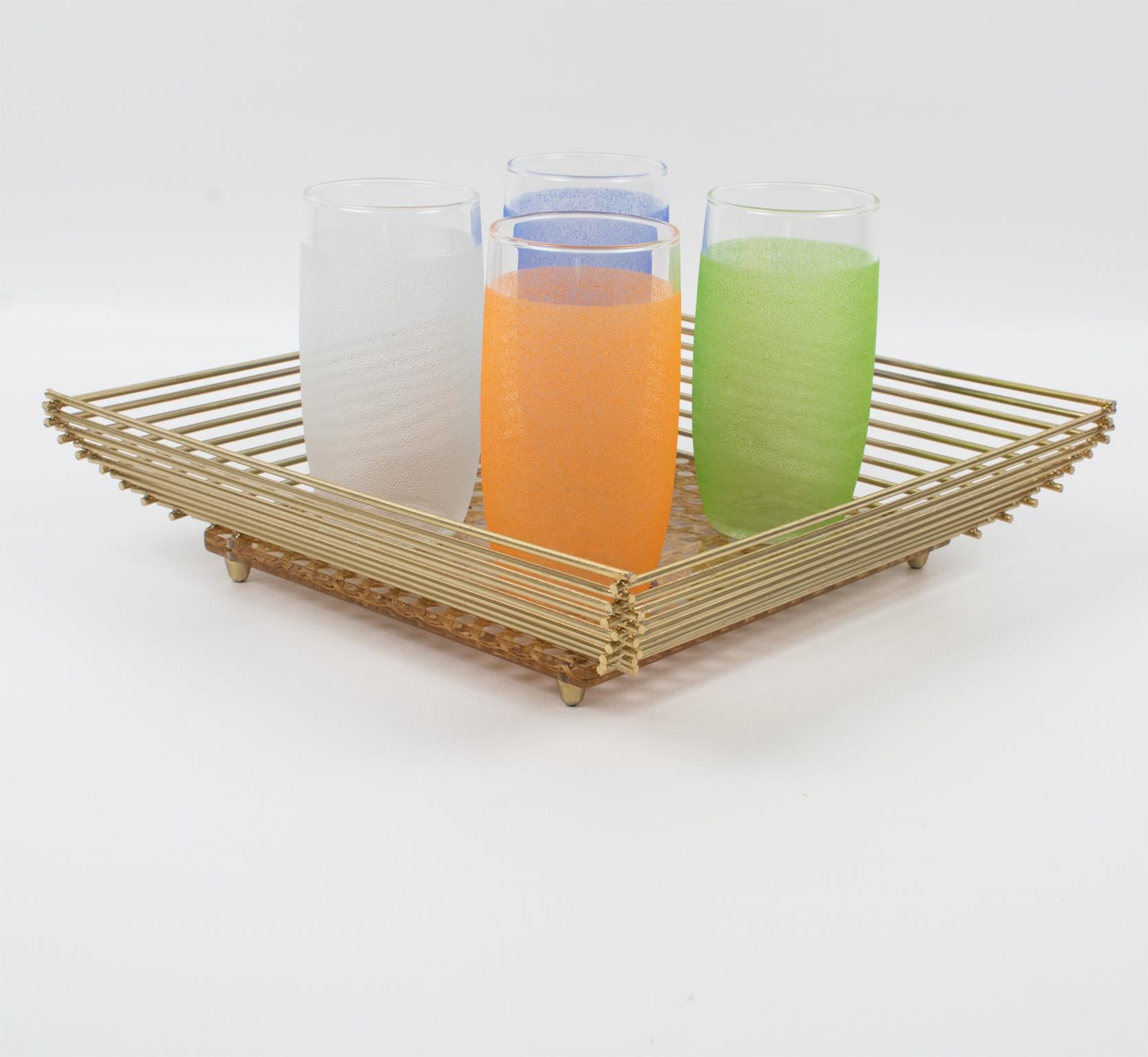 Mid-Century Modern Lucite, Rattan or Wicker and Brass Barware Serving Tray, Italy 1970s For Sale