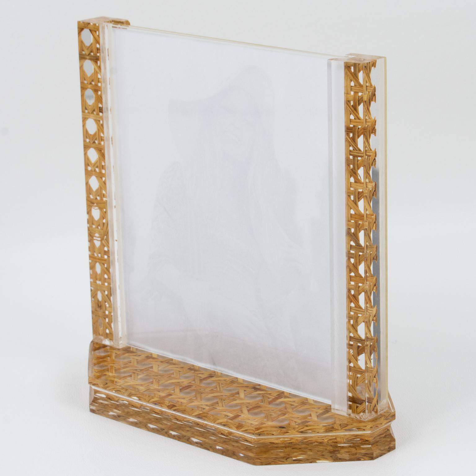 Italian Lucite, Rattan, Wicker Picture Frame, Italy 1970s For Sale