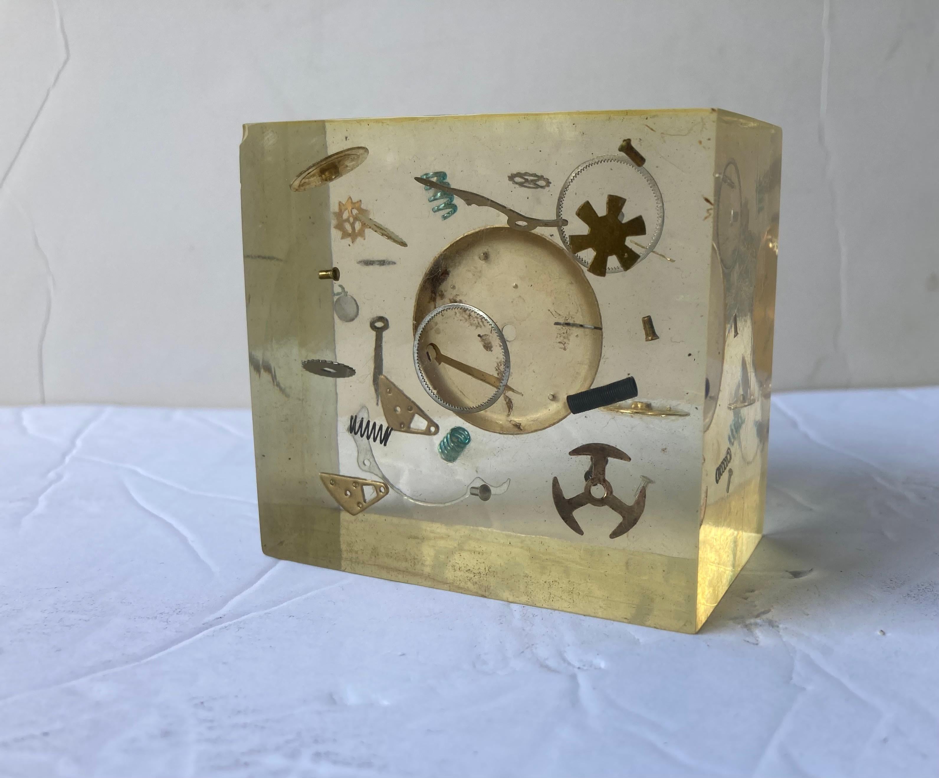 Modern Lucite Resin Sculpture/Paperweight Attb to Pierre Giraudon with Clock Parts For Sale