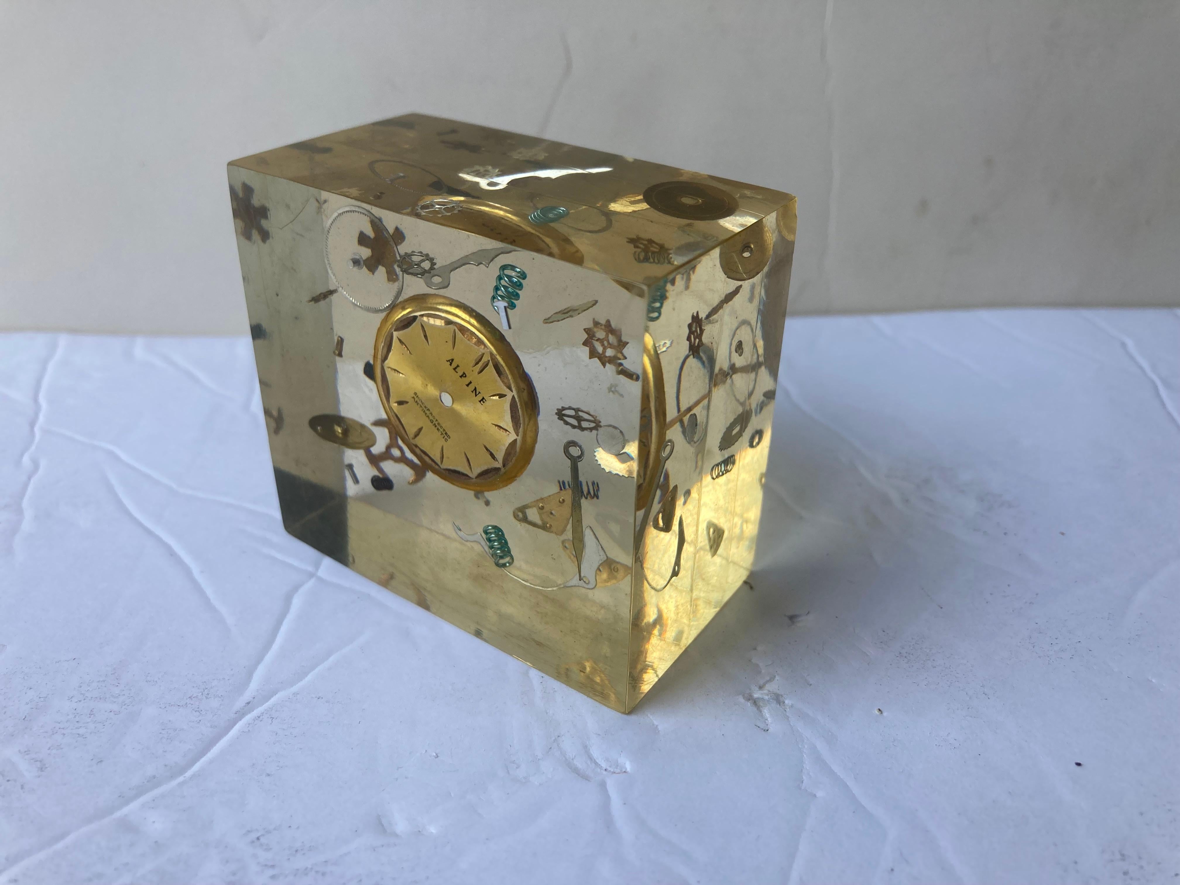 Hand-Crafted Lucite Resin Sculpture/Paperweight Attb to Pierre Giraudon with Clock Parts For Sale