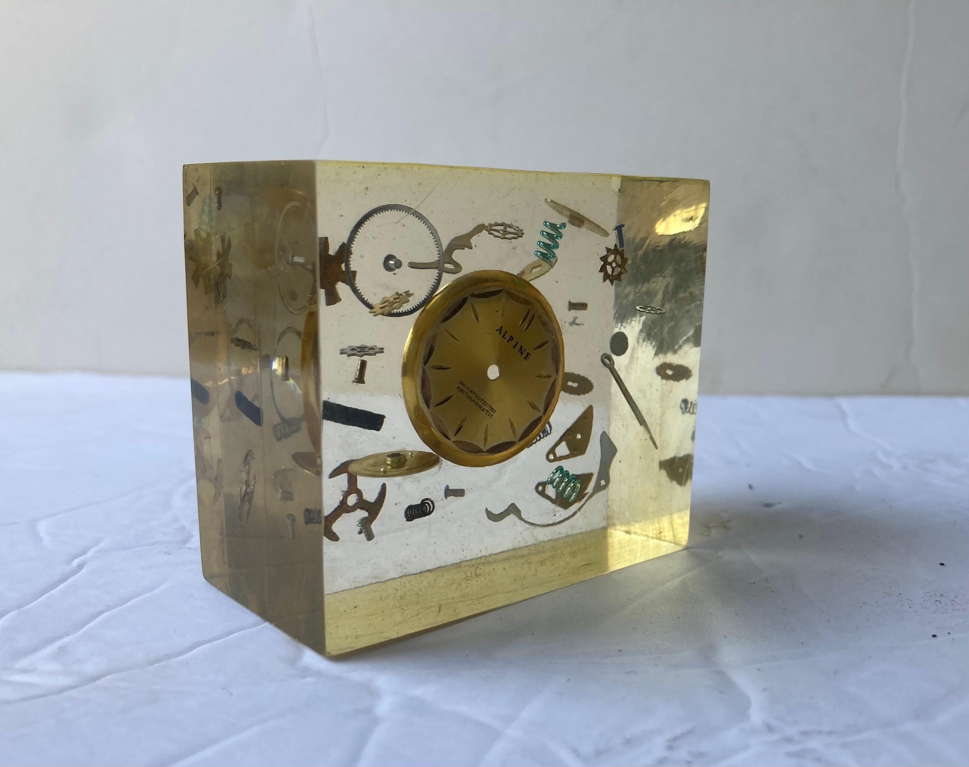 Lucite Resin Sculpture/Paperweight Attb to Pierre Giraudon with Clock Parts In Good Condition For Sale In Los Angeles, CA