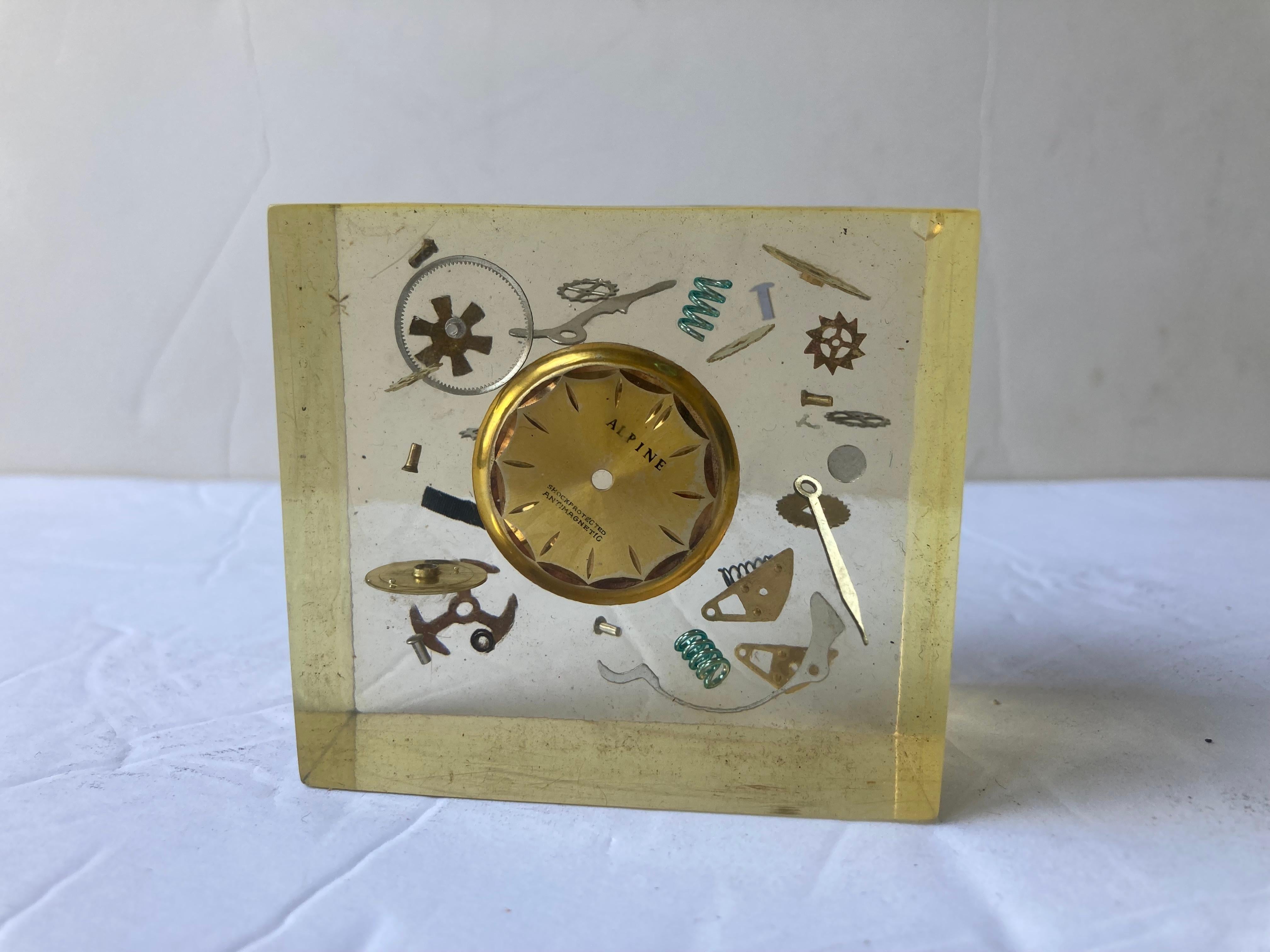 20th Century Lucite Resin Sculpture/Paperweight Attb to Pierre Giraudon with Clock Parts For Sale