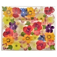 1970s Lucite Resin Tray or Bowl Embedded with Colorful Silk Flowers