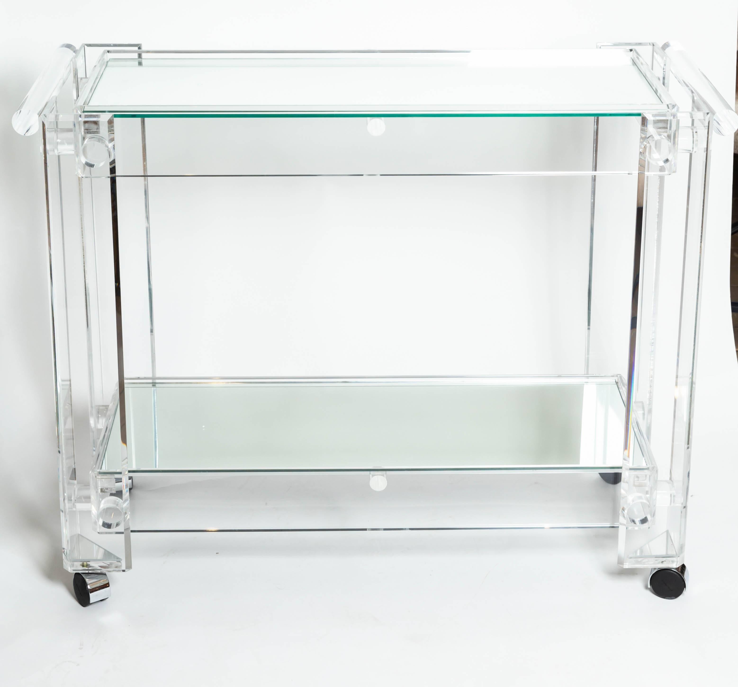 Lucite Rolling Cart Featuring Two Mirrored Shelves In Good Condition In Bridgehampton, NY