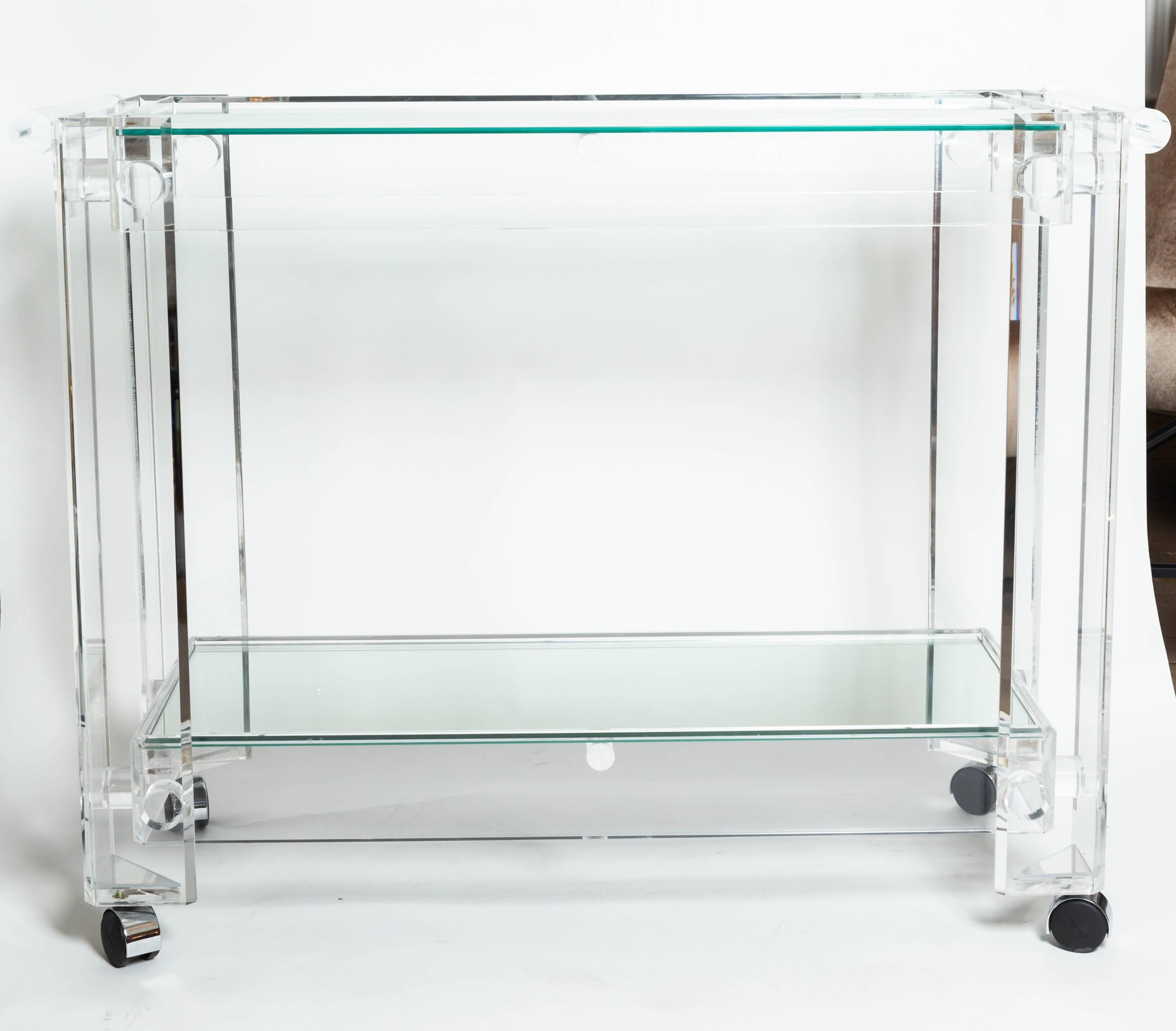 Modern Lucite Rolling Cart Featuring Two Mirrored Shelves