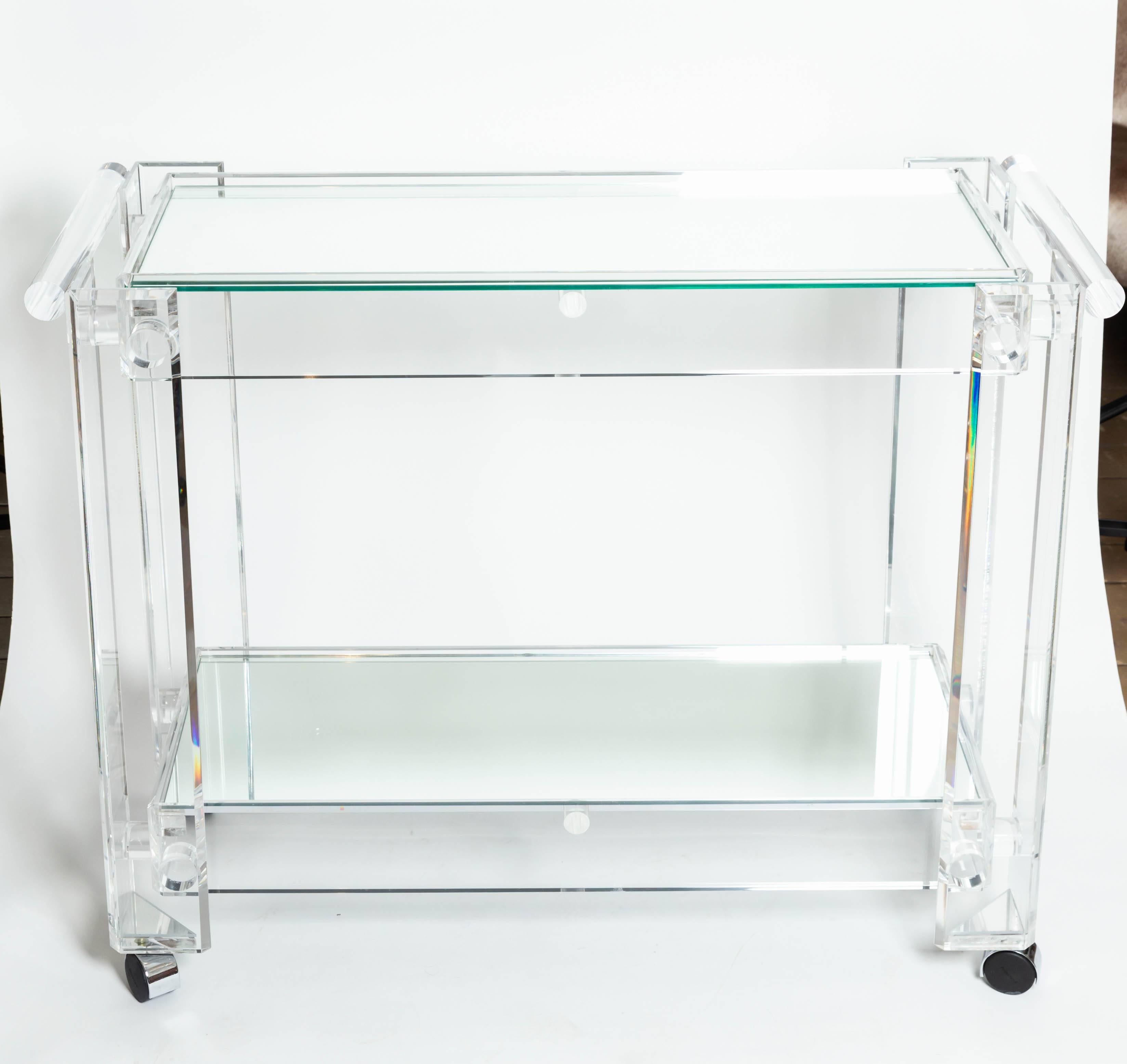 American Lucite Rolling Cart Featuring Two Mirrored Shelves