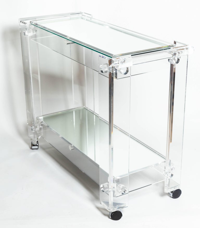Lucite Rolling Cart Featuring Two Mirrored Shelves For Sale at 1stdibs