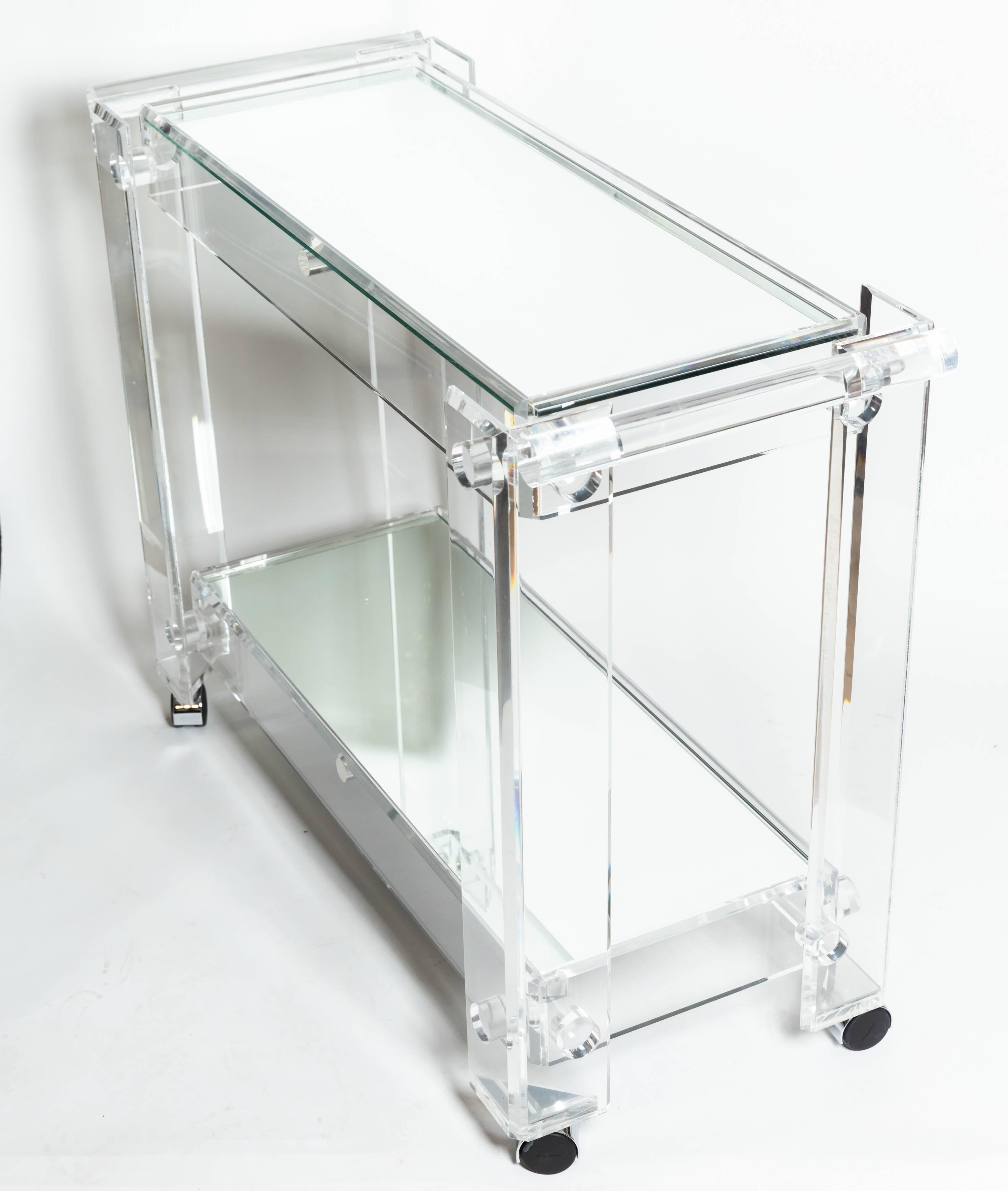 20th Century Lucite Rolling Cart Featuring Two Mirrored Shelves