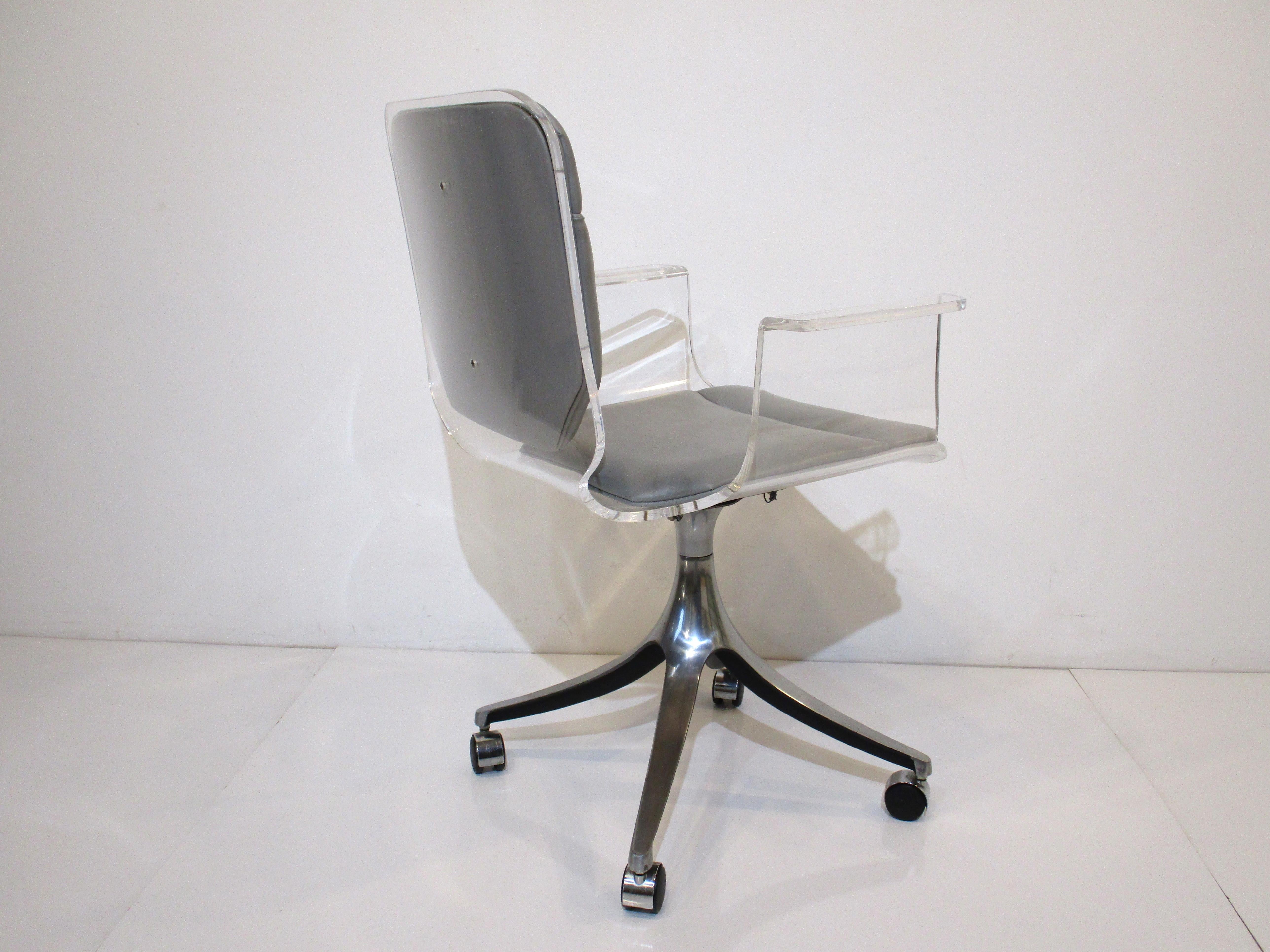 Faux Leather Lucite Rolling Desk Chair in the Style of Charles Hollis Jones by Hill Co