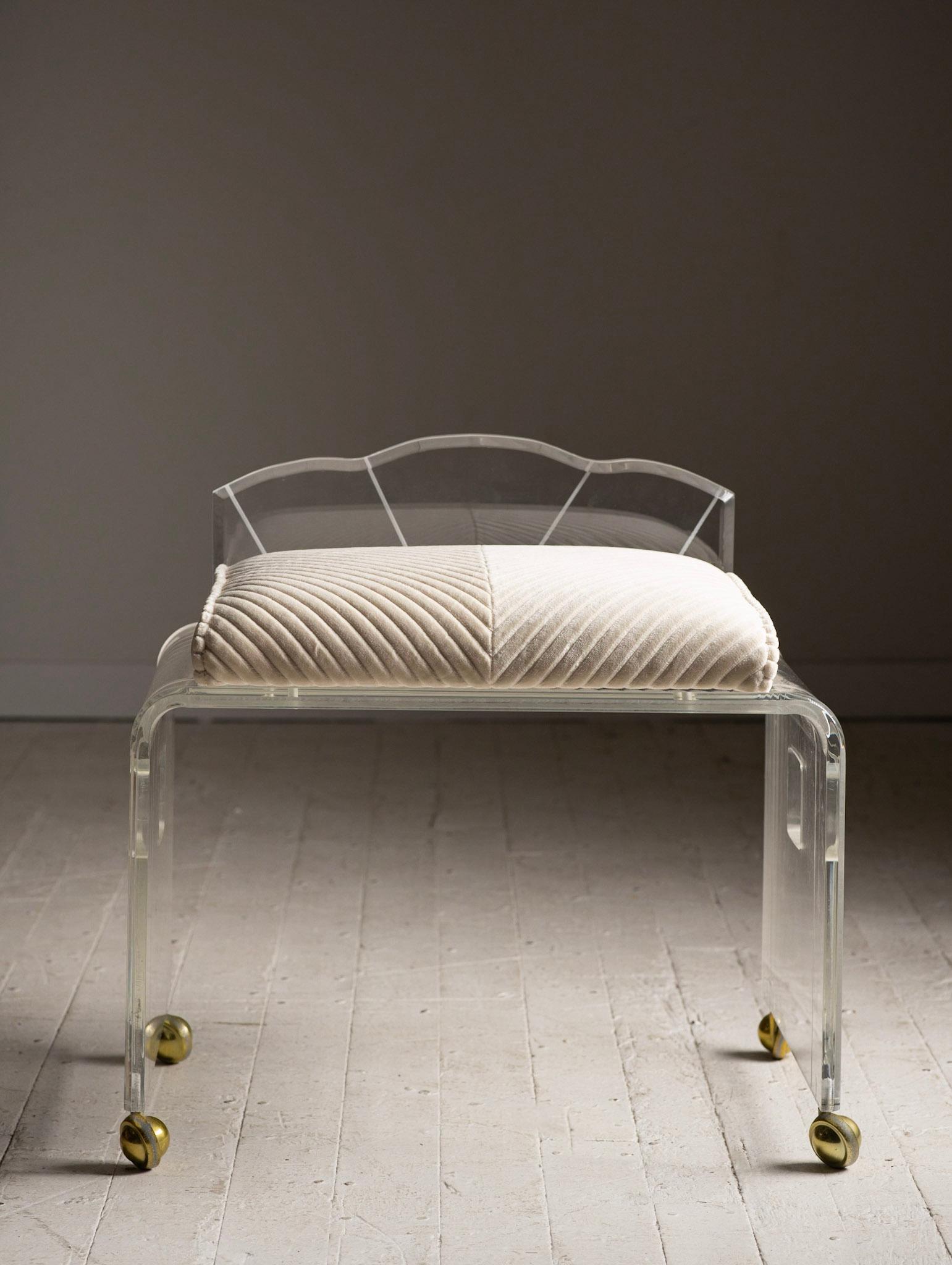 Hollywood Regency Lucite Rolling Vanity Bench/Stool with Striped Velvet Cushion