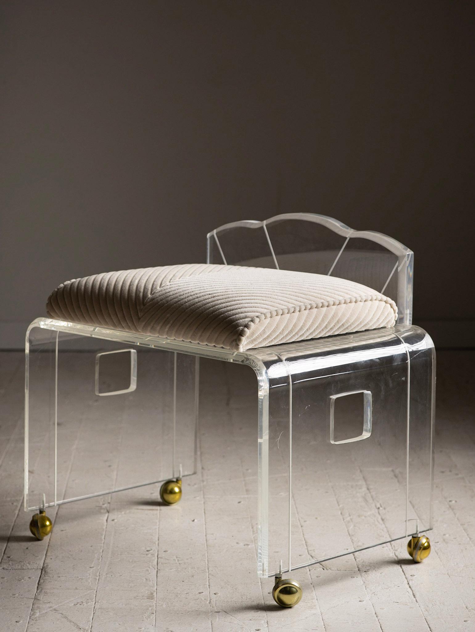 North American Lucite Rolling Vanity Bench/Stool with Striped Velvet Cushion