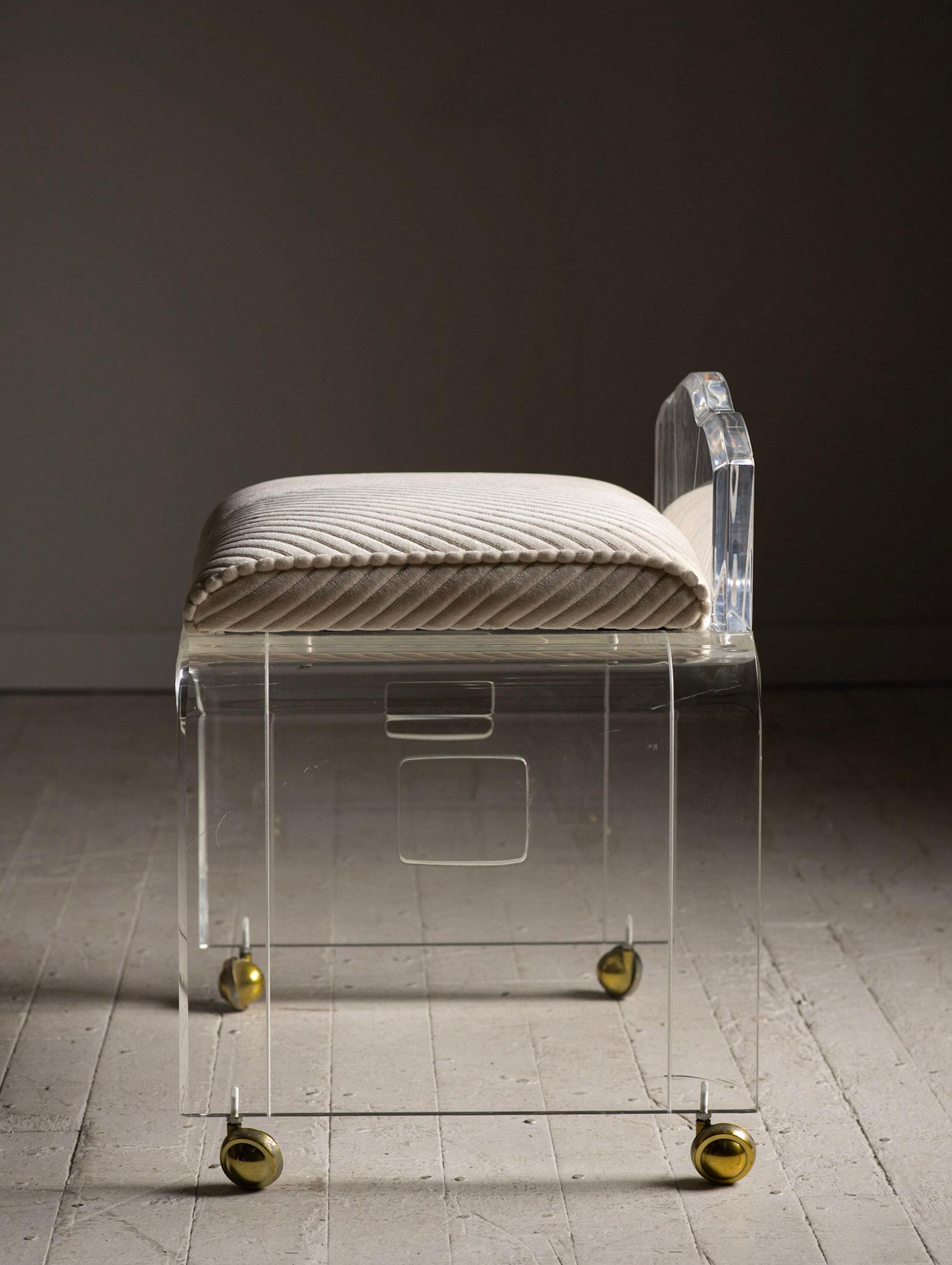 Lucite Rolling Vanity Bench/Stool with Striped Velvet Cushion In Good Condition In Brooklyn, NY
