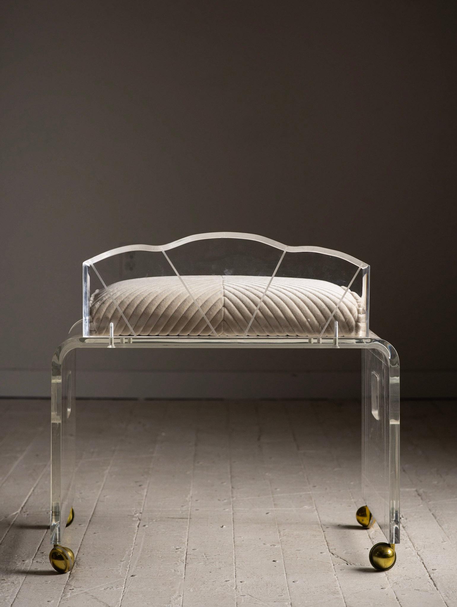 20th Century Lucite Rolling Vanity Bench/Stool with Striped Velvet Cushion