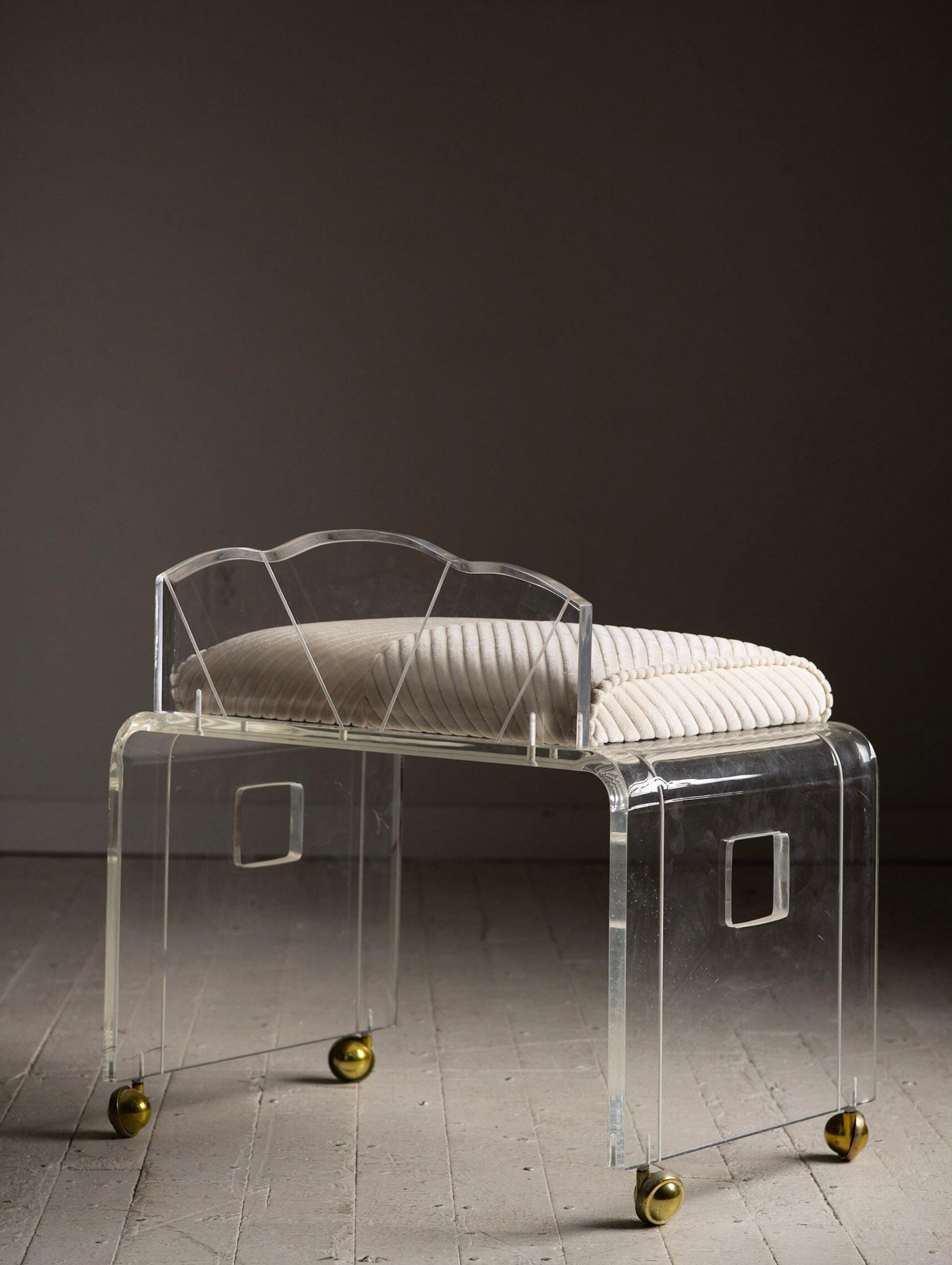 Lucite Rolling Vanity Bench/Stool with Striped Velvet Cushion 1