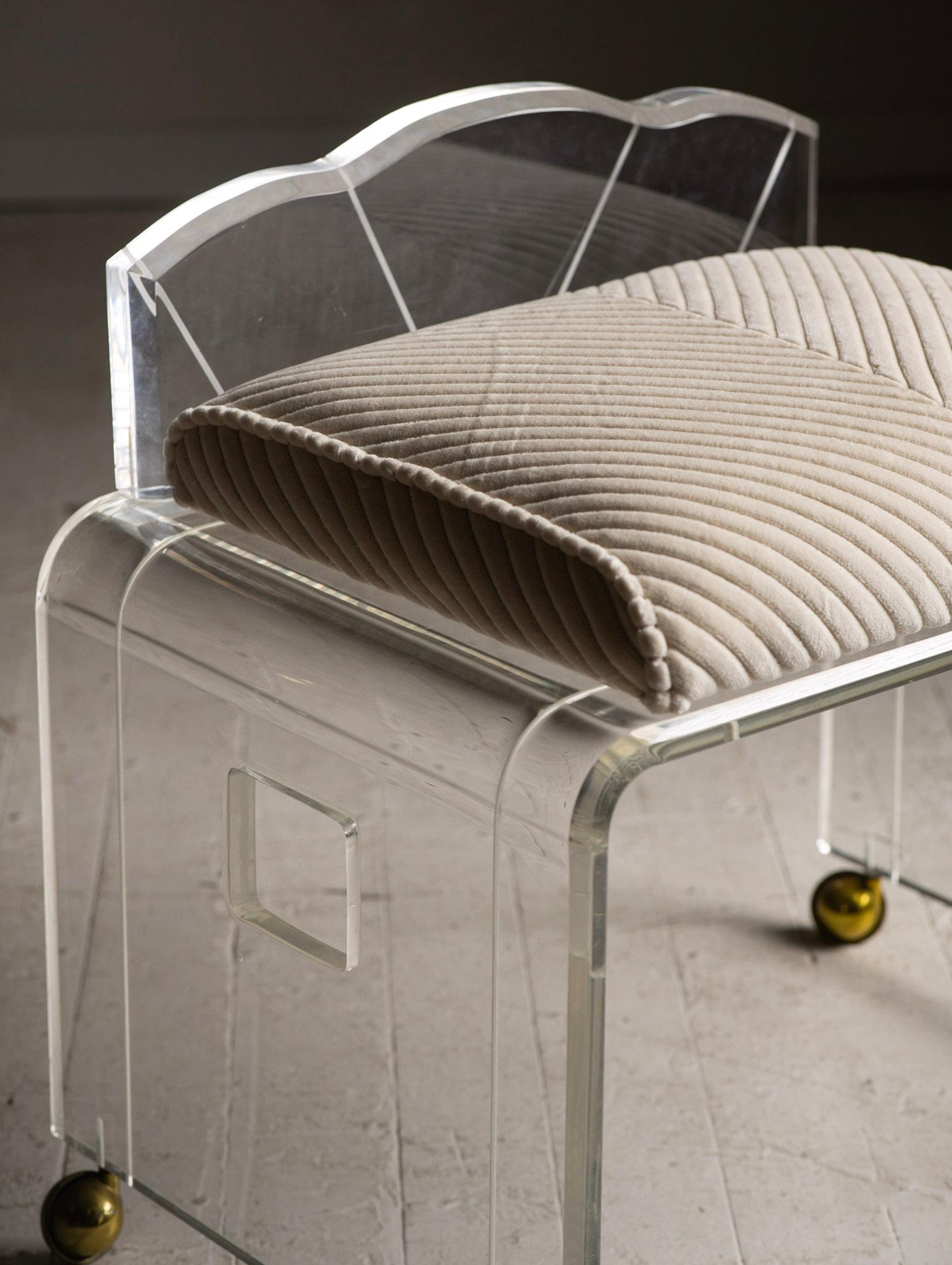 Lucite Rolling Vanity Bench/Stool with Striped Velvet Cushion 2