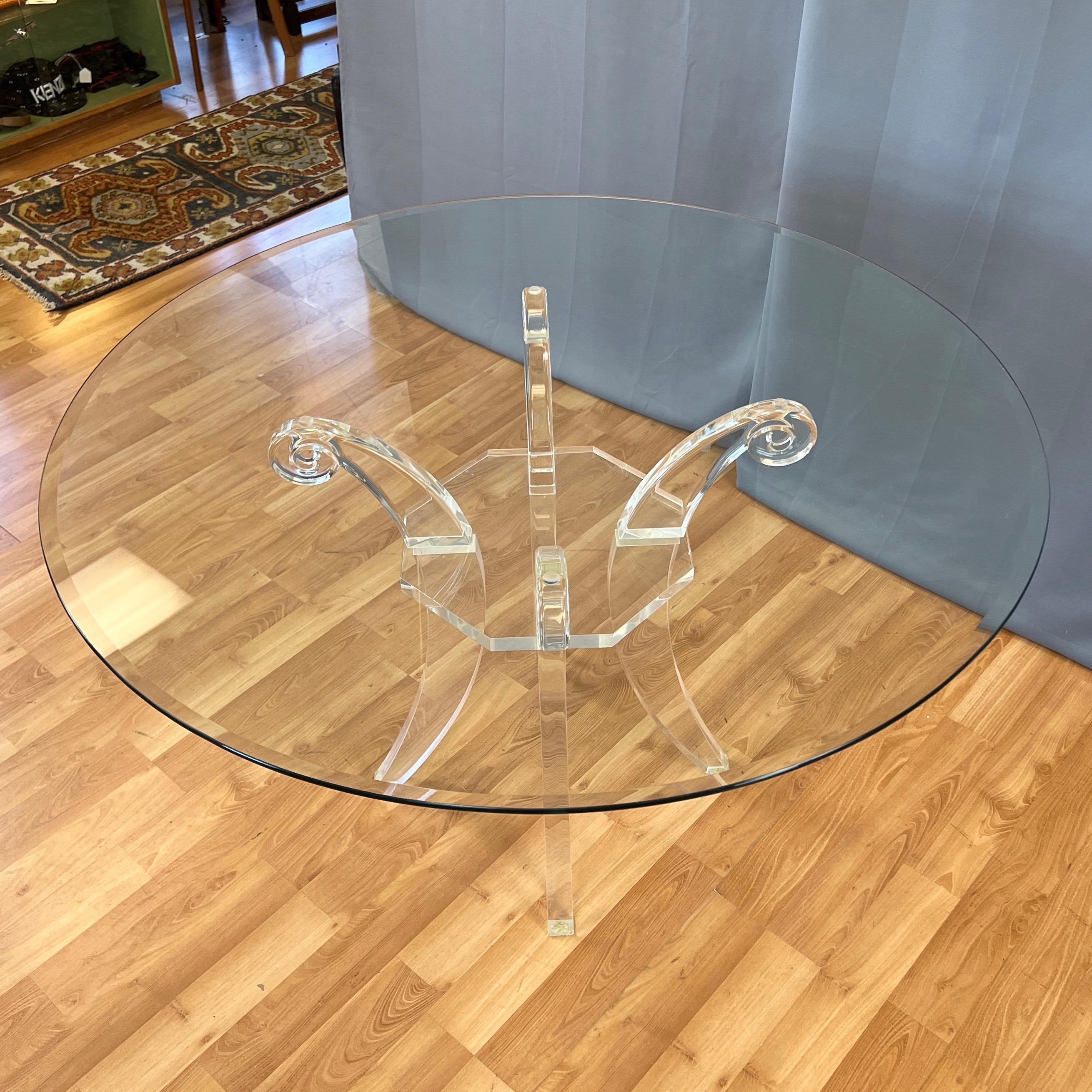 Beveled Lucite Saber Leg Scroll-Motif Dining Table with Round Glass Top, circa 1980