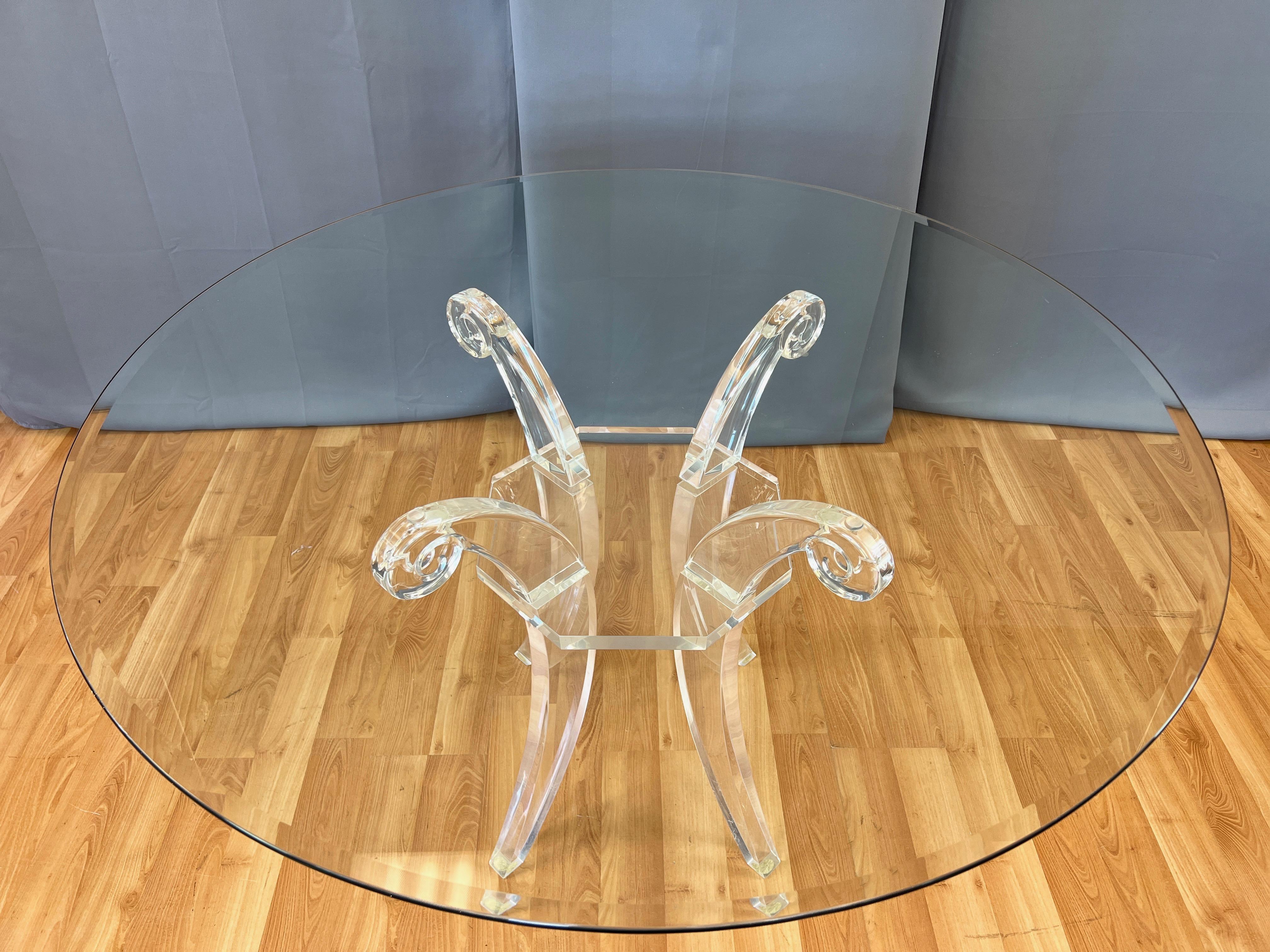 Lucite Saber Leg Scroll-Motif Dining Table with Round Glass Top, circa 1980 In Good Condition In San Francisco, CA