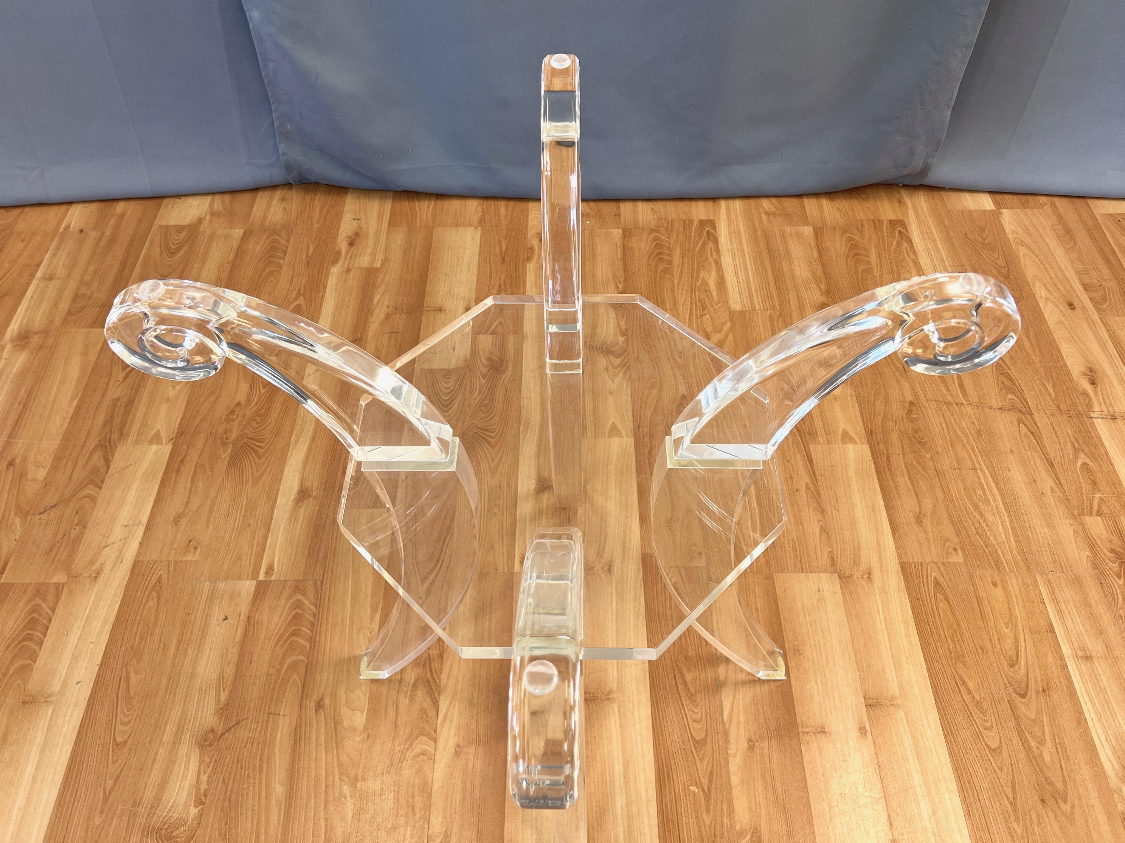 Late 20th Century Lucite Saber Leg Scroll-Motif Dining Table with Round Glass Top, circa 1980
