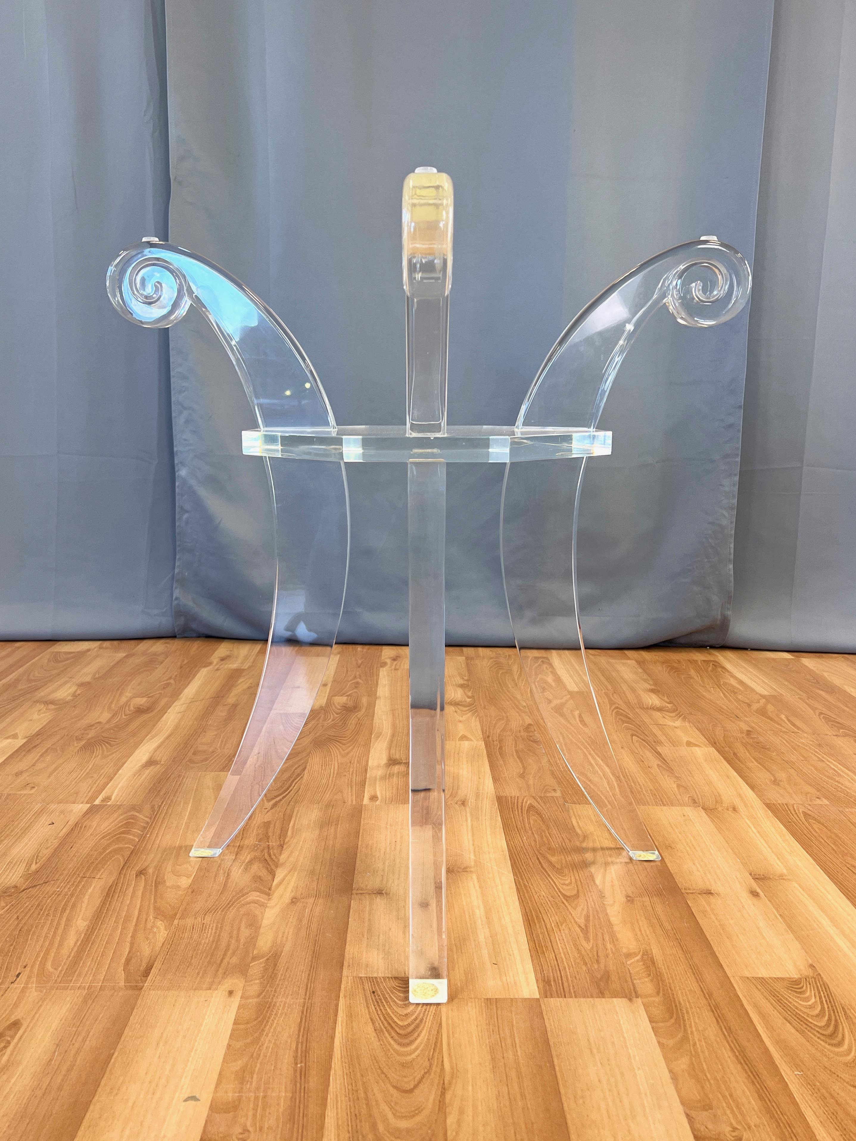 Lucite Saber Leg Scroll-Motif Dining Table with Round Glass Top, circa 1980 1