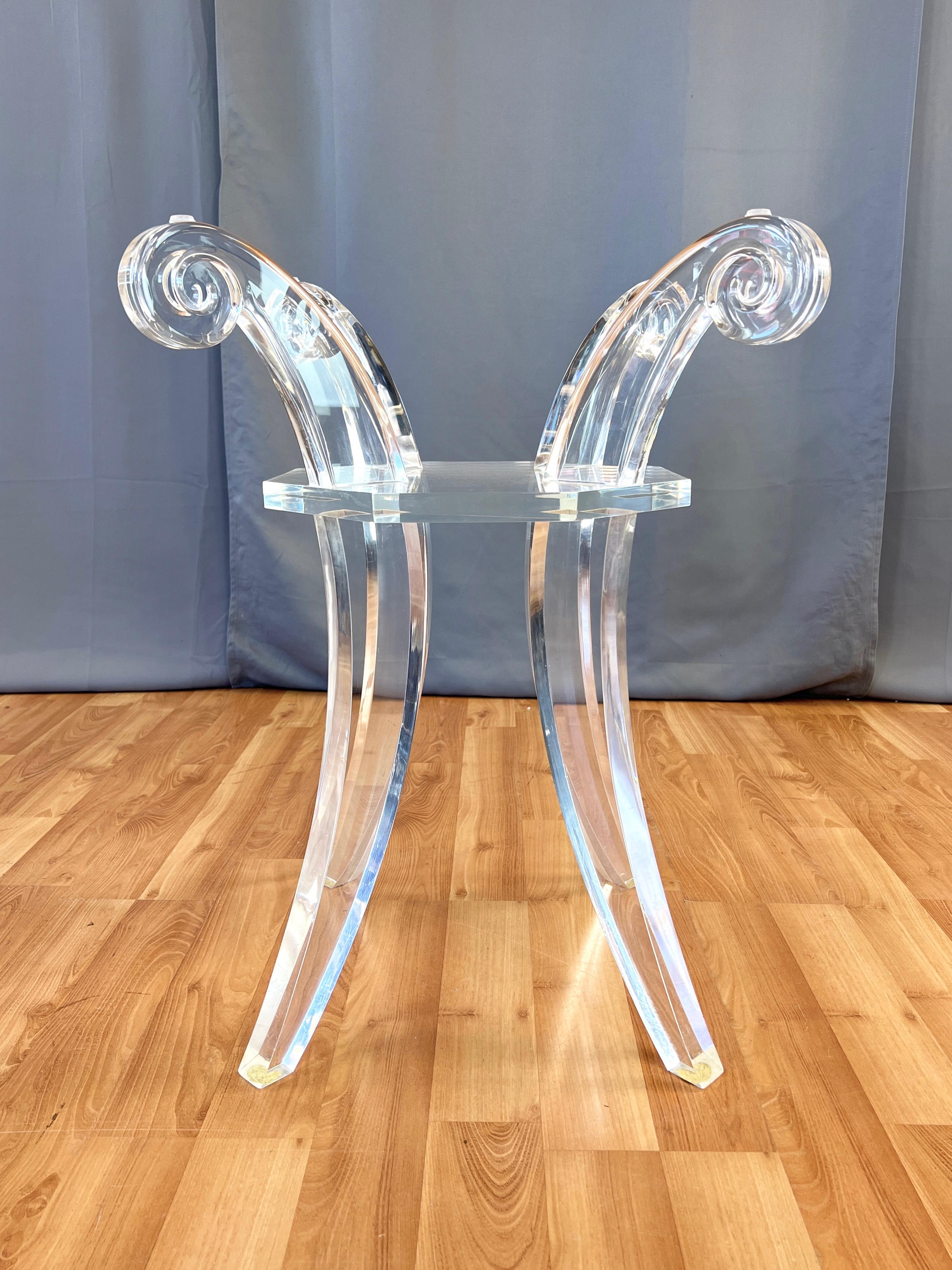 Lucite Saber Leg Scroll-Motif Dining Table with Round Glass Top, circa 1980 2