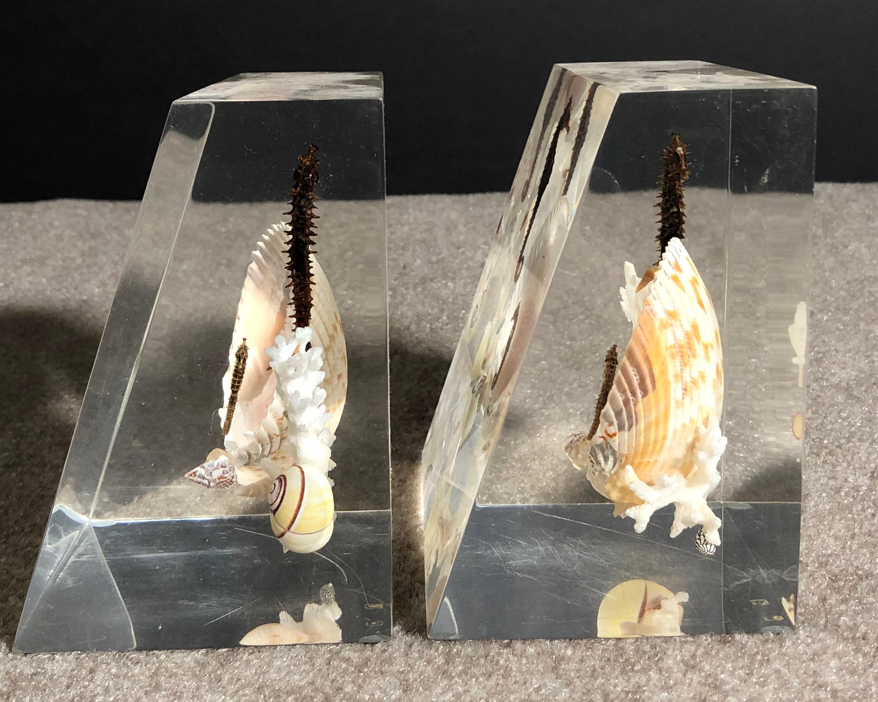 20th Century Pair Of Whimsical Clear Bookends With Seashells And Seahorse For Sale