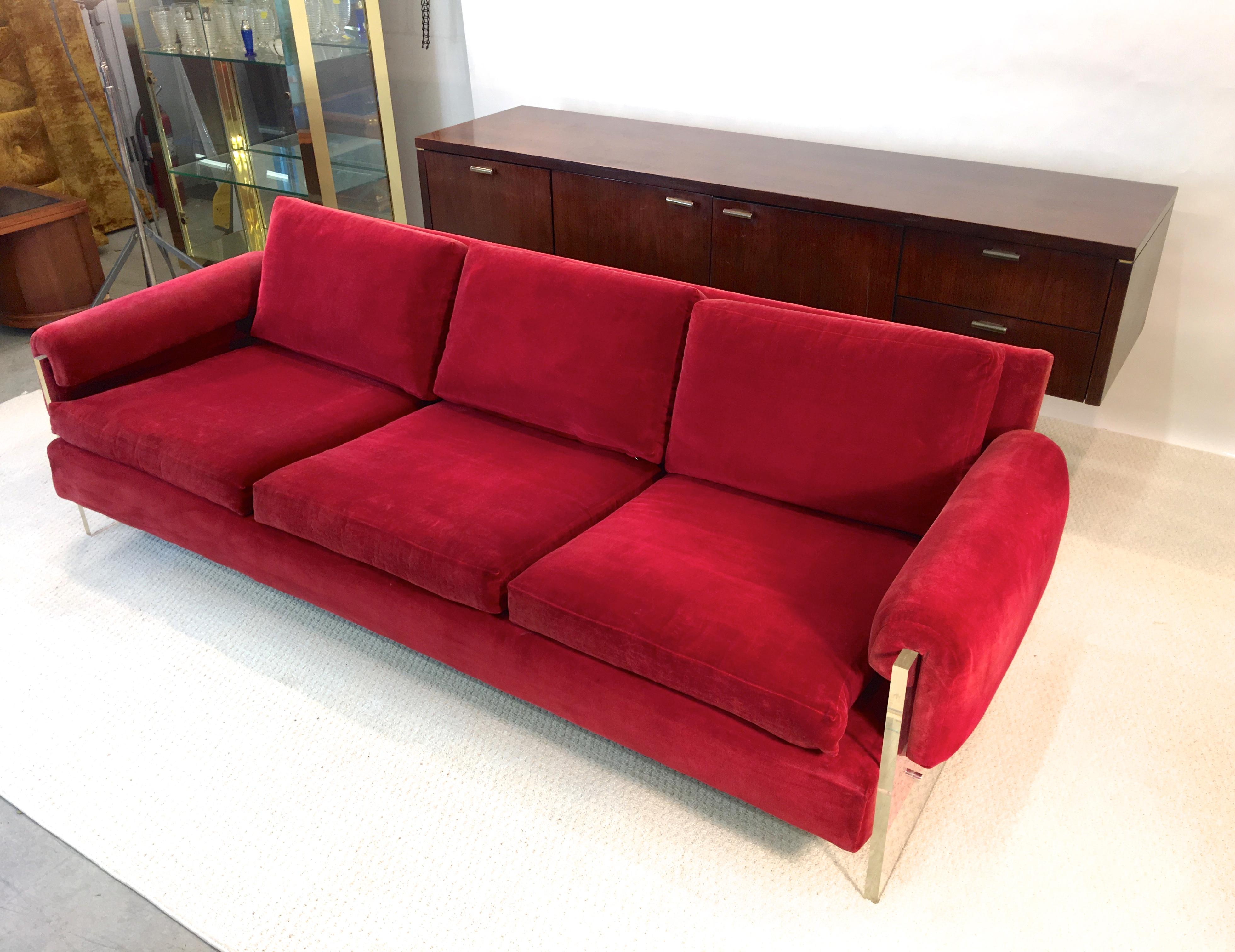 Milo Baughman for Thayer Coggin Sofa with Lucite slab sides in original red velvet with upholstered back and deck plus three seat cushions, three back cushions and upholstered arm rests.

Measures: Arm height 20 inches from floor.

Arm cushions can