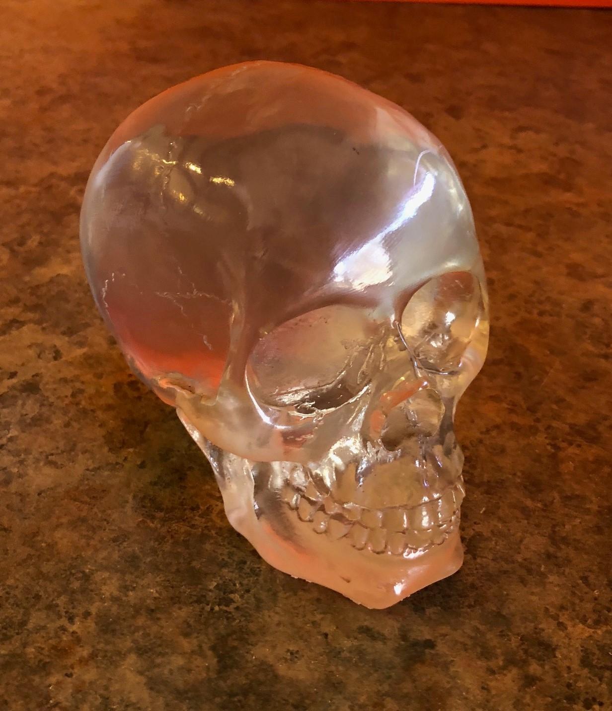 Very cool and detailed Lucite skull sculpture or paperweight, circa 1970s.